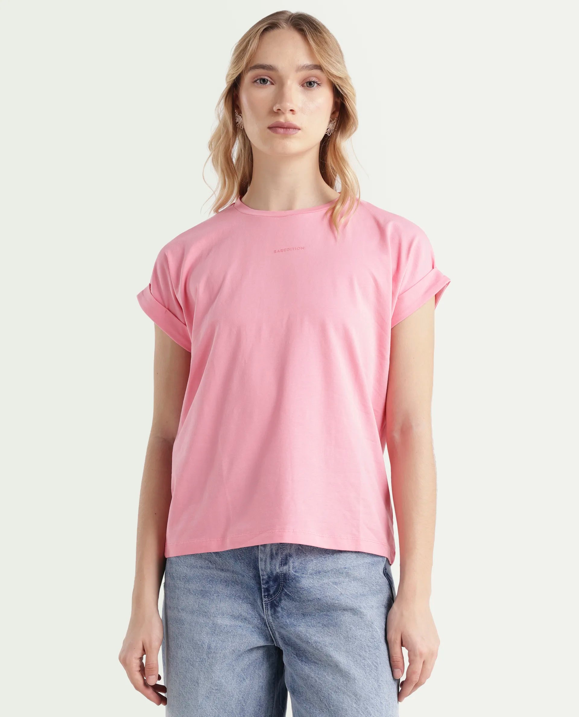 Rareism Women's Linden Light Pink Cotton Blend Crew Neck Typography Print Extended Sleeves Regular Fit T-Shirt