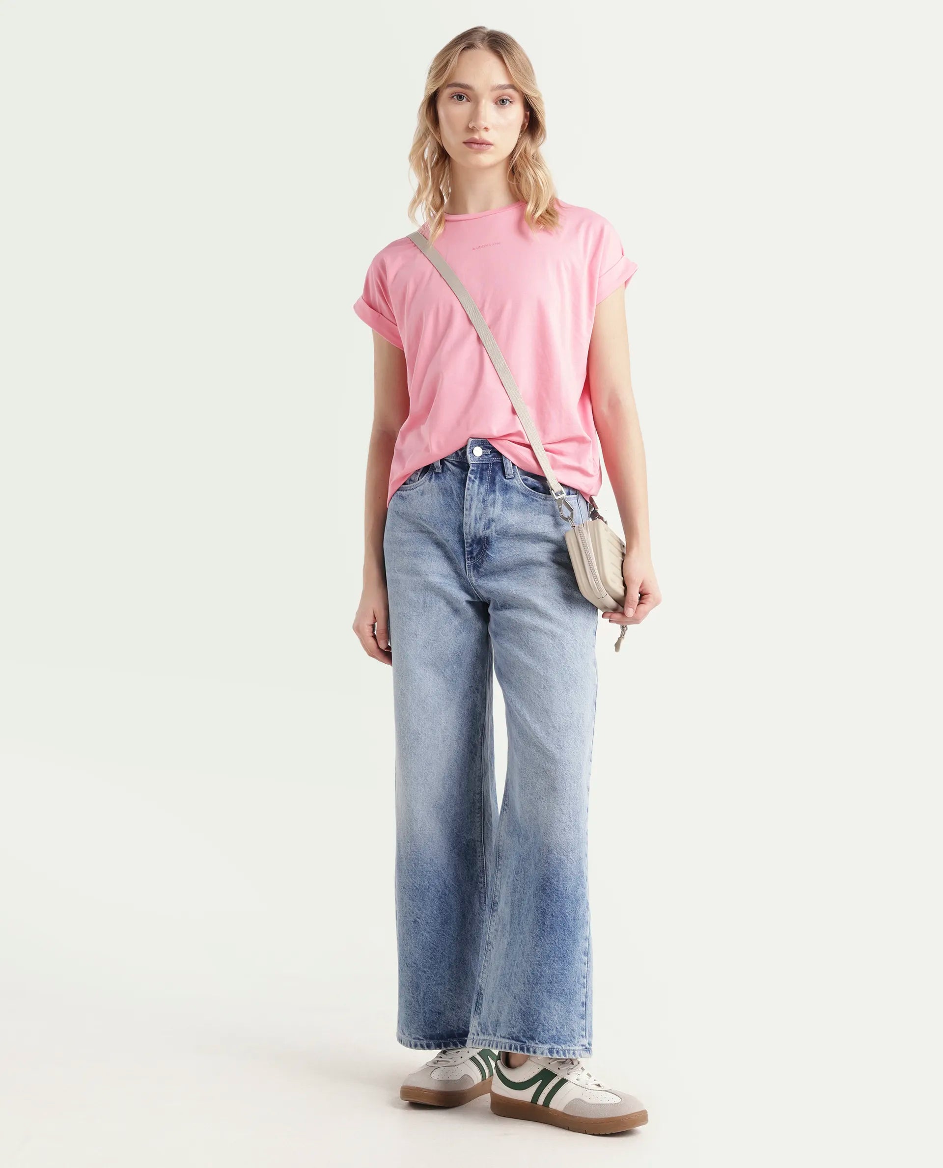 Rareism Women's Linden Light Pink Cotton Blend Crew Neck Typography Print Extended Sleeves Regular Fit T-Shirt