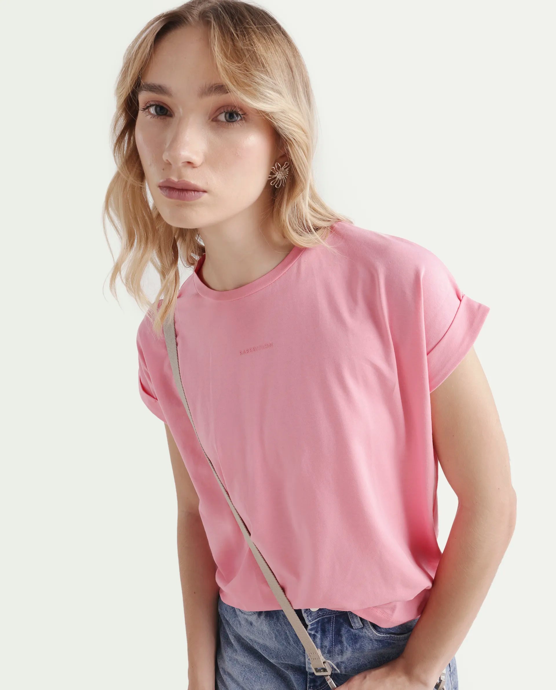 Rareism Women's Linden Light Pink Cotton Blend Crew Neck Typography Print Extended Sleeves Regular Fit T-Shirt