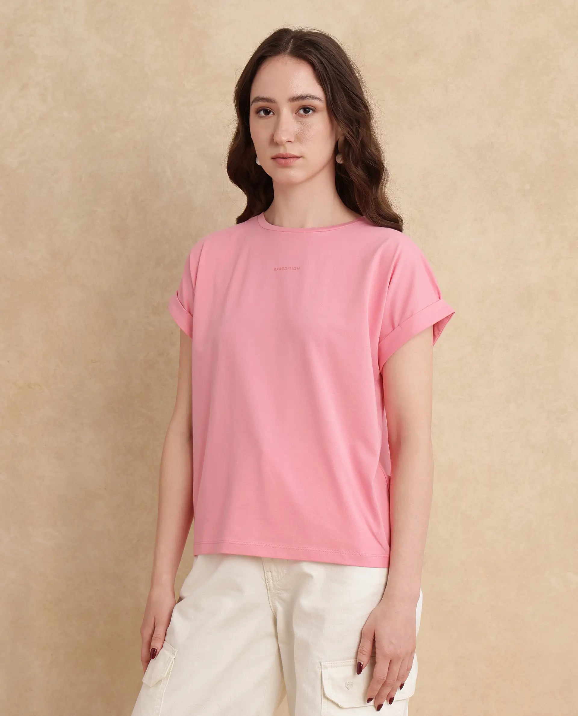Rareism Women Linden Light Pink Cotton Lycra Fabric Half Sleeve Typography Print T-Shirt