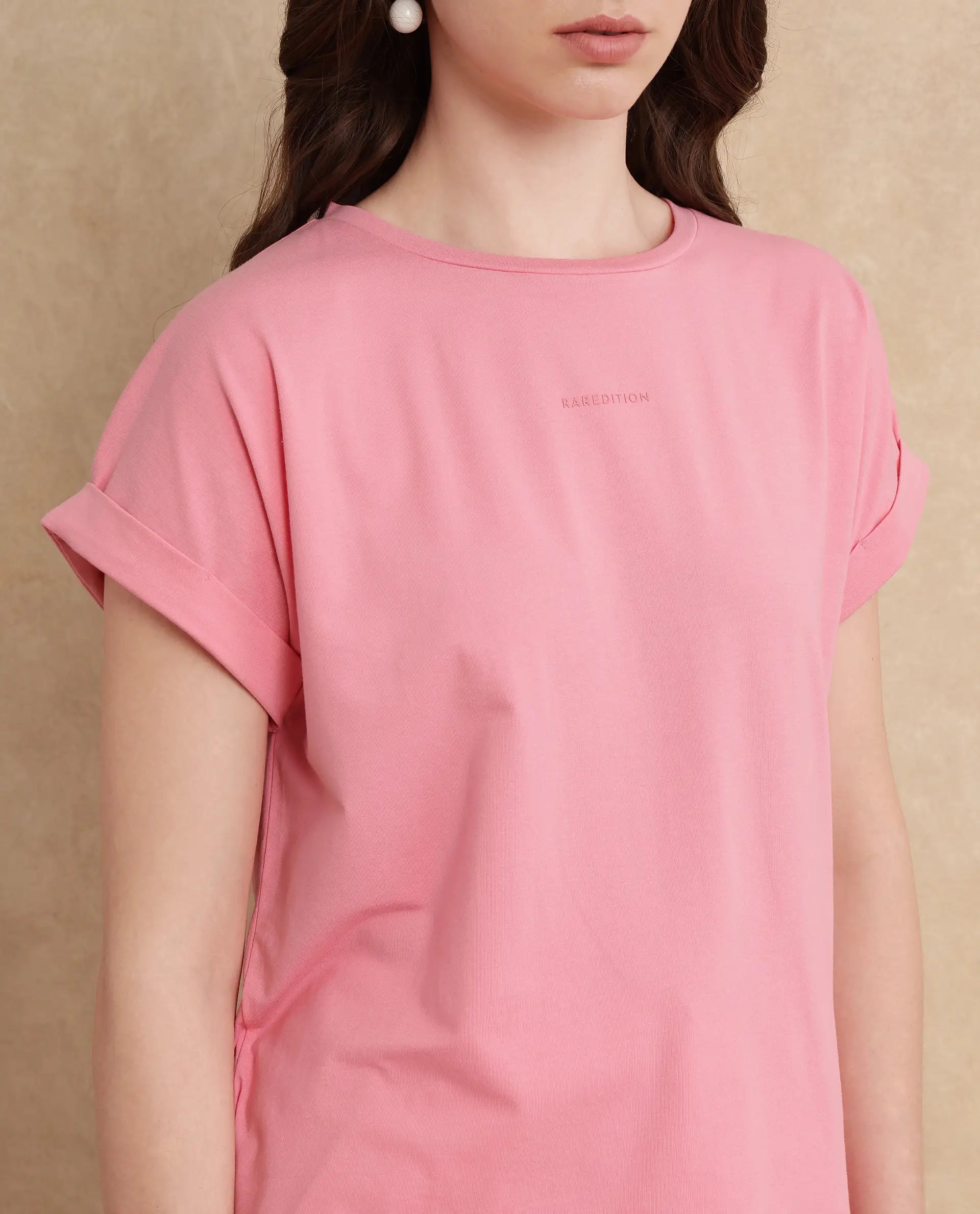 Rareism Women Linden Light Pink Cotton Lycra Fabric Half Sleeve Typography Print T-Shirt