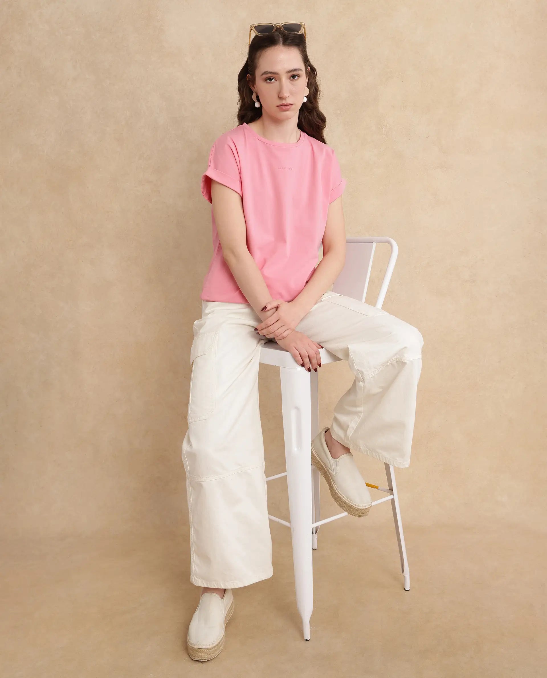 Rareism Women Linden Light Pink Cotton Lycra Fabric Half Sleeve Typography Print T-Shirt