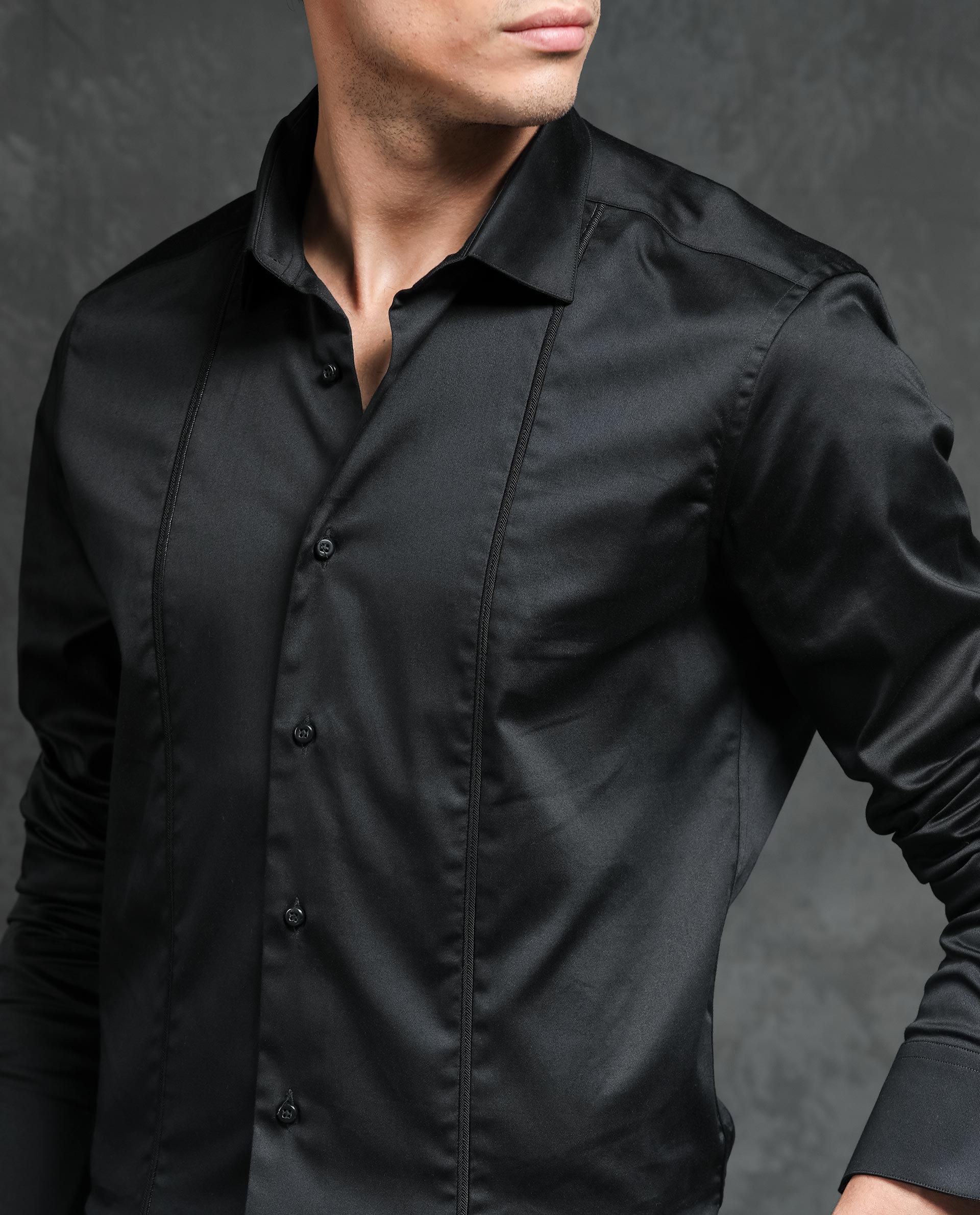 Rare Rabbit Men's Liner Black Cotton Lycra Fabric Full Sleeves Solid Shirt