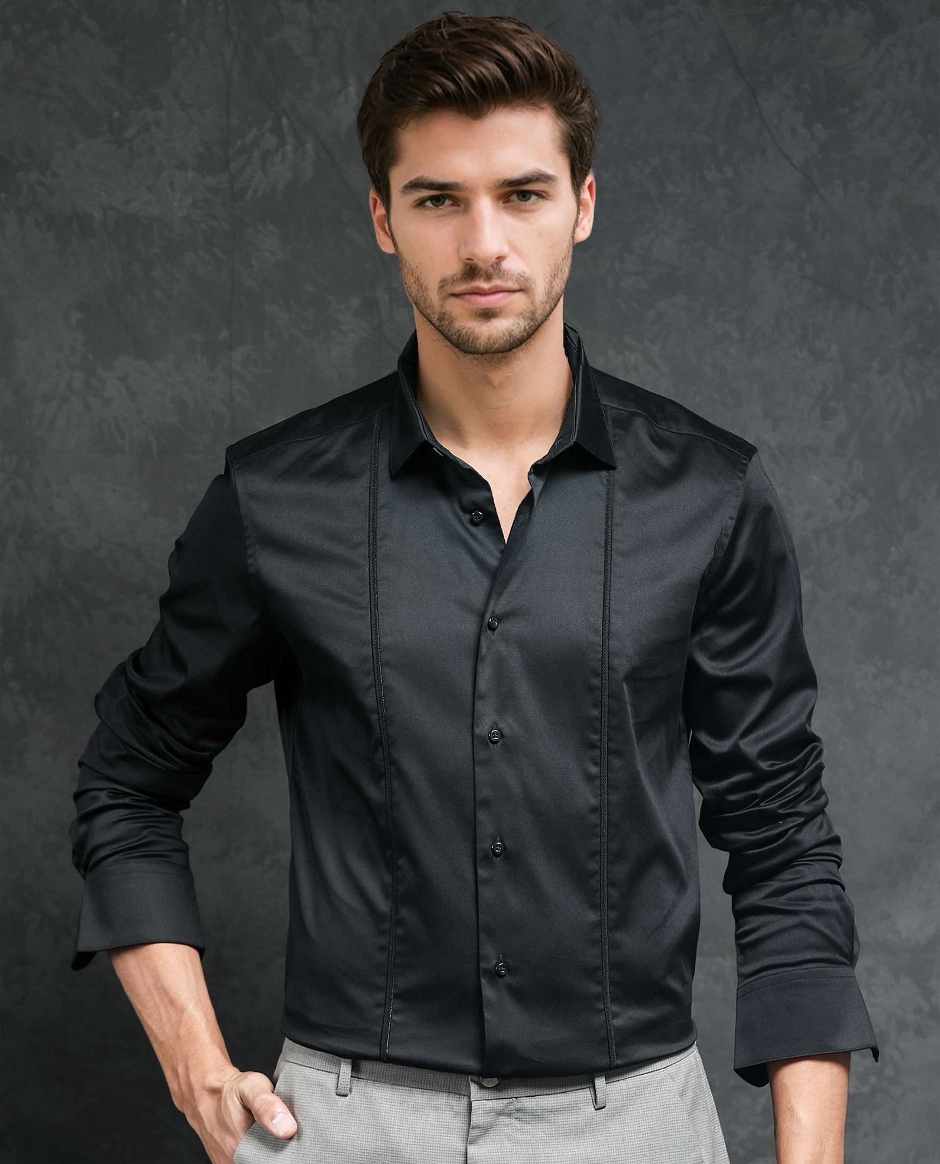 Rare Rabbit Men's Liner Black Cotton Lycra Fabric Full Sleeves Solid Shirt