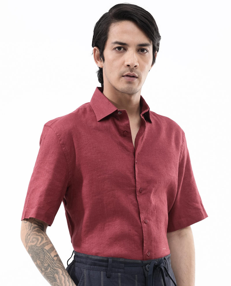 Rare Rabbit Men's Linex-1 SS Red Linen Excel Fabric Half Sleeves Boxy Fit Solid Shirt