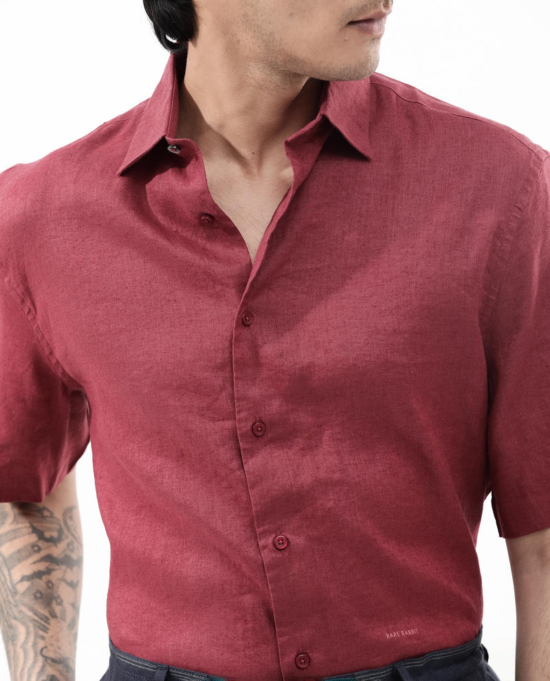 Rare Rabbit Men's Linex-1 SS Red Linen Excel Fabric Half Sleeves Boxy Fit Solid Shirt