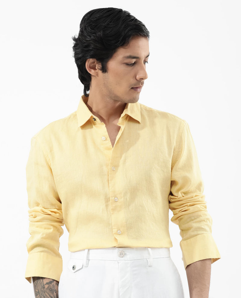 Rare Rabbit Mens Linex-1 Yellow Linen Excel Fabric Regular Collar Full Sleeve Regular Fit Solid Shirt