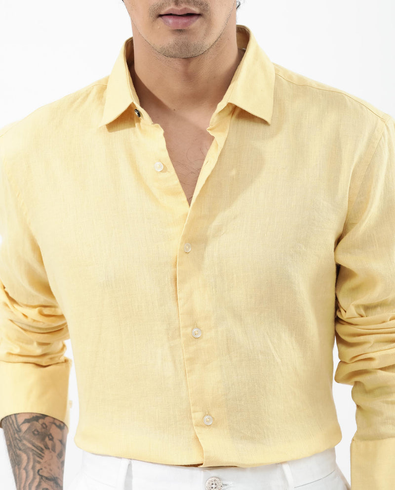Rare Rabbit Mens Linex-1 Yellow Linen Excel Fabric Regular Collar Full Sleeve Regular Fit Solid Shirt