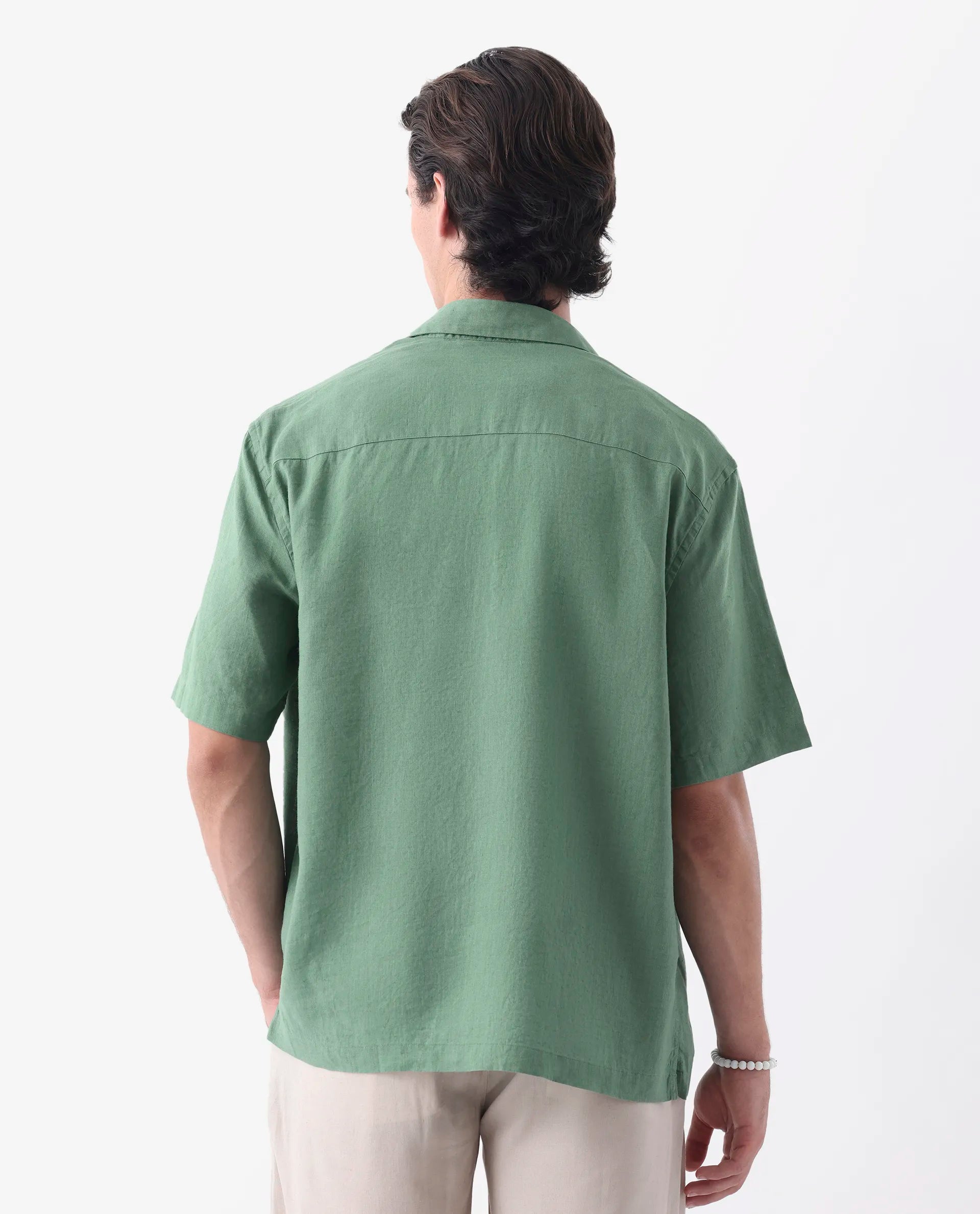 Rare Rabbit Men's Linex-1 Ss Light Green 100% Linen Plain Regular Fit Half Sleeve Collared Shirt