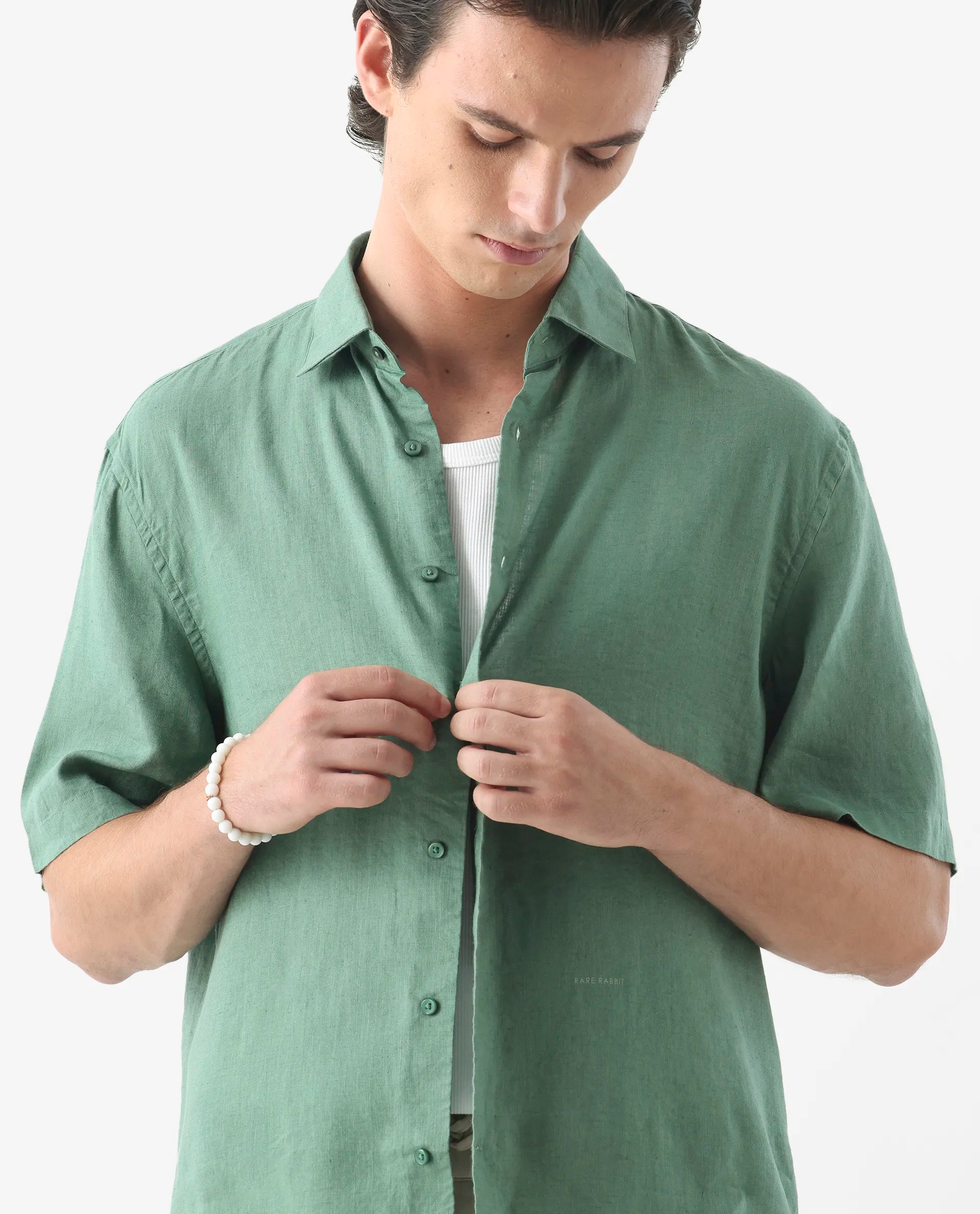 Rare Rabbit Men's Linex-1 Ss Light Green 100% Linen Plain Regular Fit Half Sleeve Collared Shirt