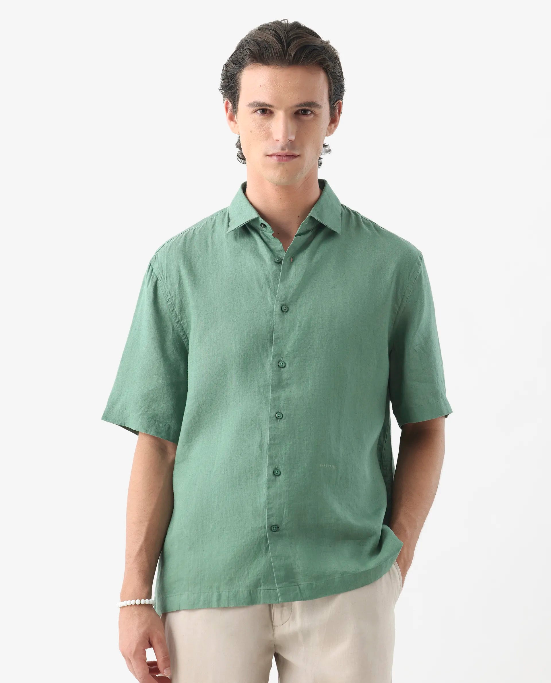 Rare Rabbit Men's Linex-1 Ss Light Green 100% Linen Plain Regular Fit Half Sleeve Collared Shirt