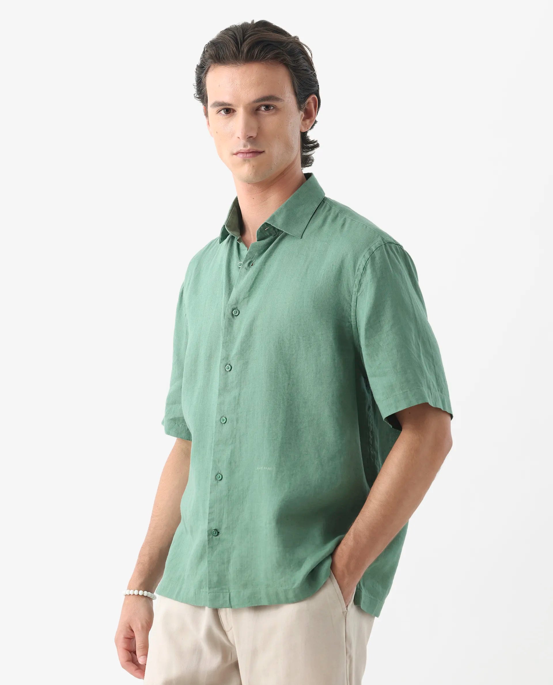 Rare Rabbit Men's Linex-1 Ss Light Green 100% Linen Plain Regular Fit Half Sleeve Collared Shirt