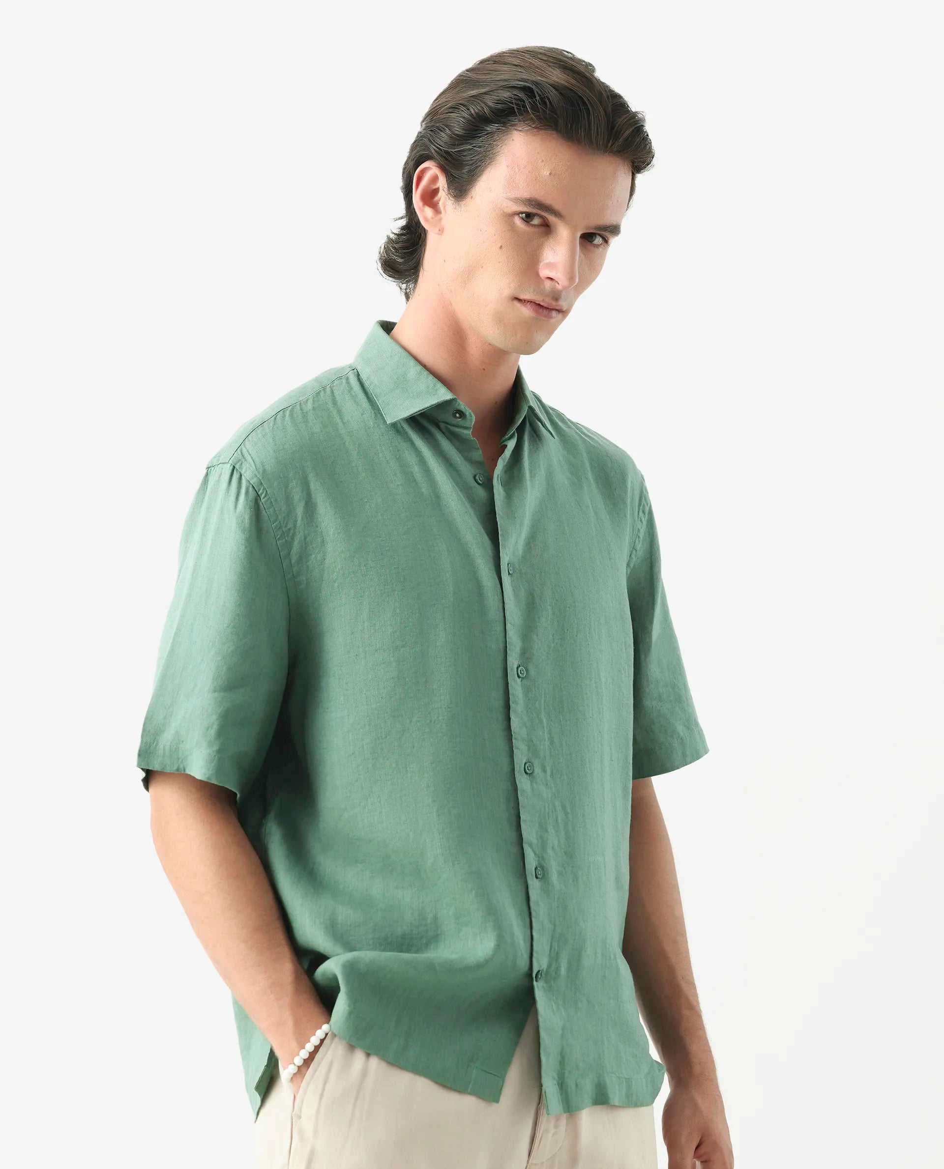 Rare Rabbit Men's Linex-1 Ss Light Green 100% Linen Plain Regular Fit Half Sleeve Collared Shirt