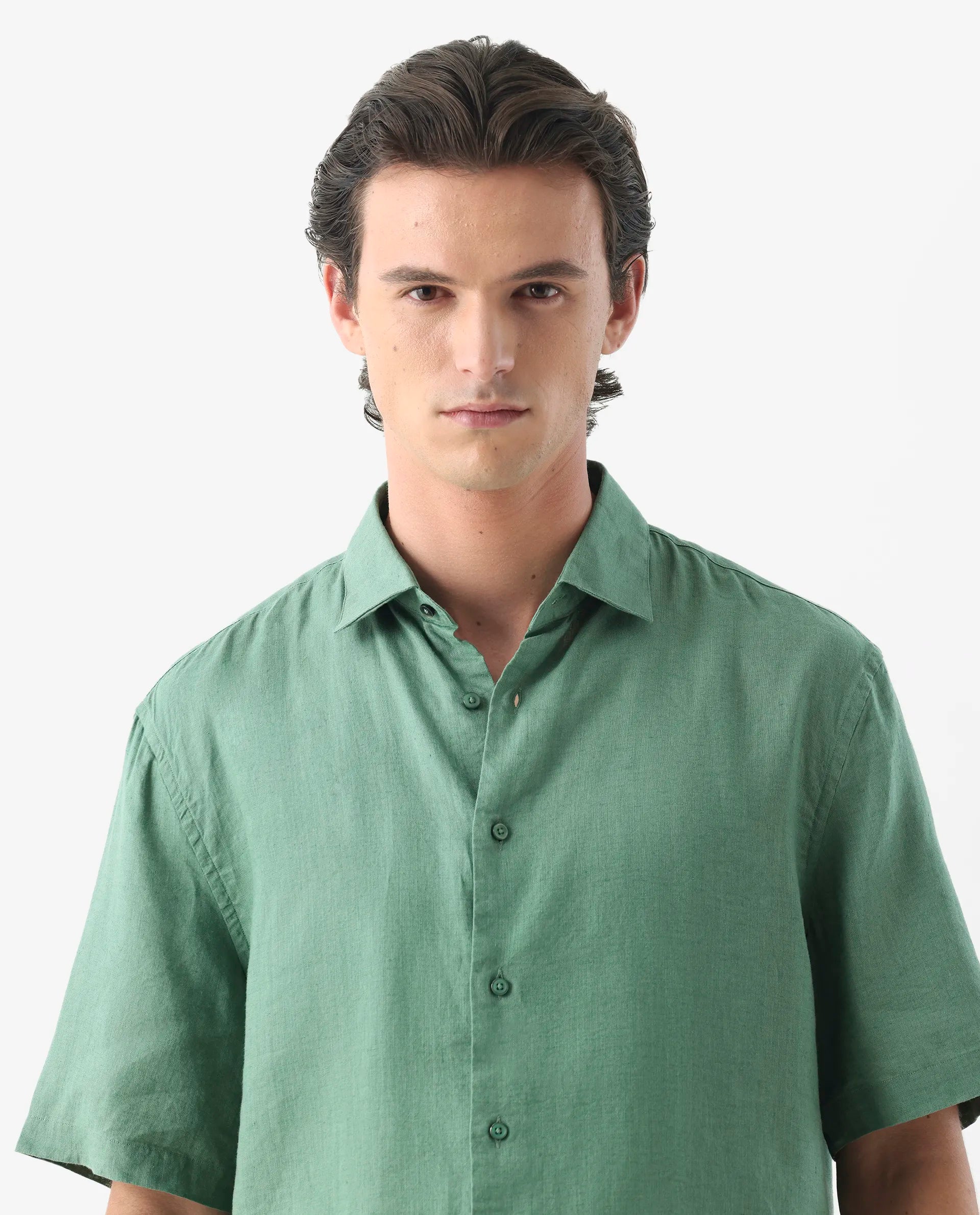 Rare Rabbit Men's Linex-1 Ss Light Green 100% Linen Plain Regular Fit Half Sleeve Collared Shirt