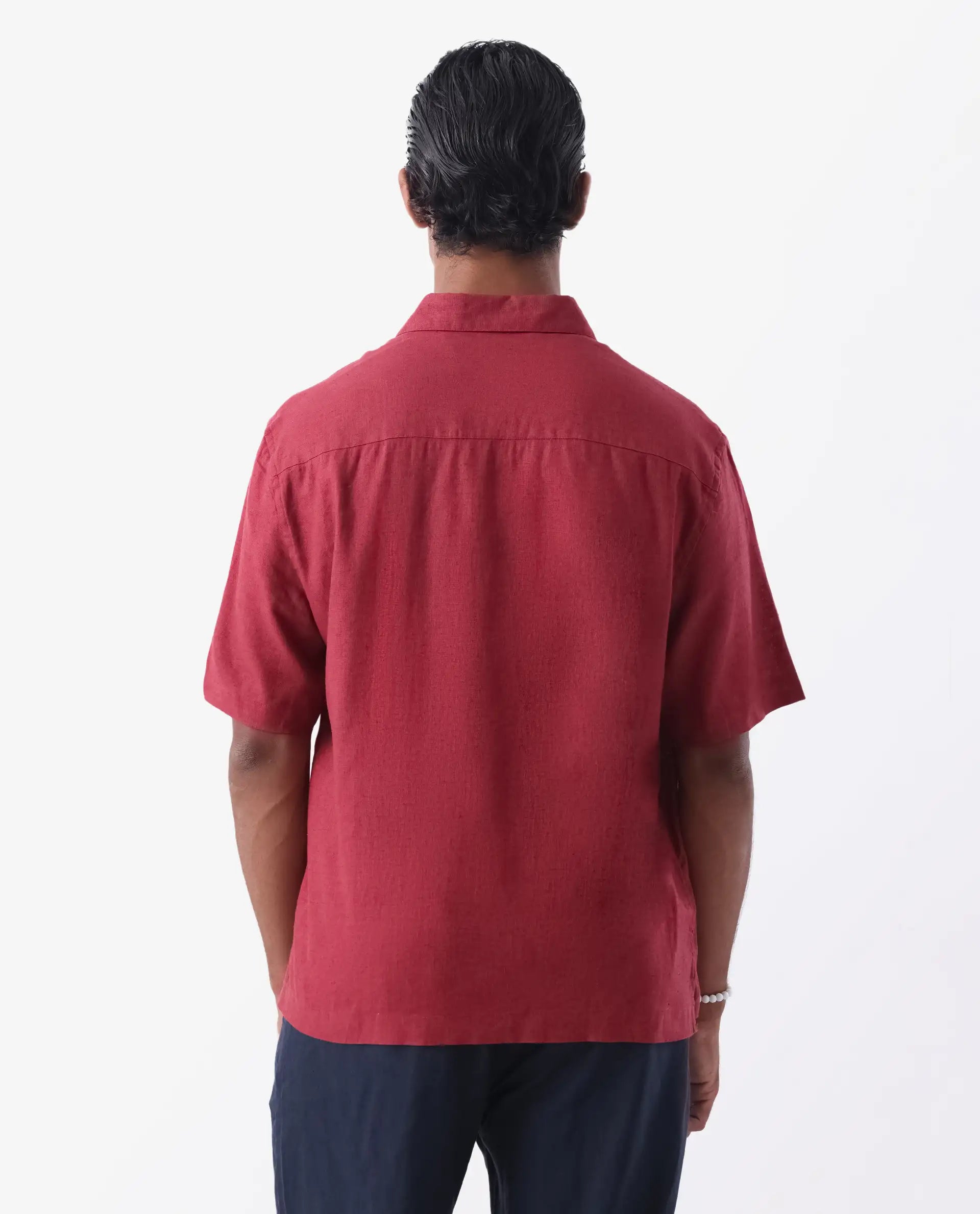 Rare Rabbit Men's Linex-1 Ss Red 100% Linen Plain Regular Fit Half Sleeve Collared Shirt