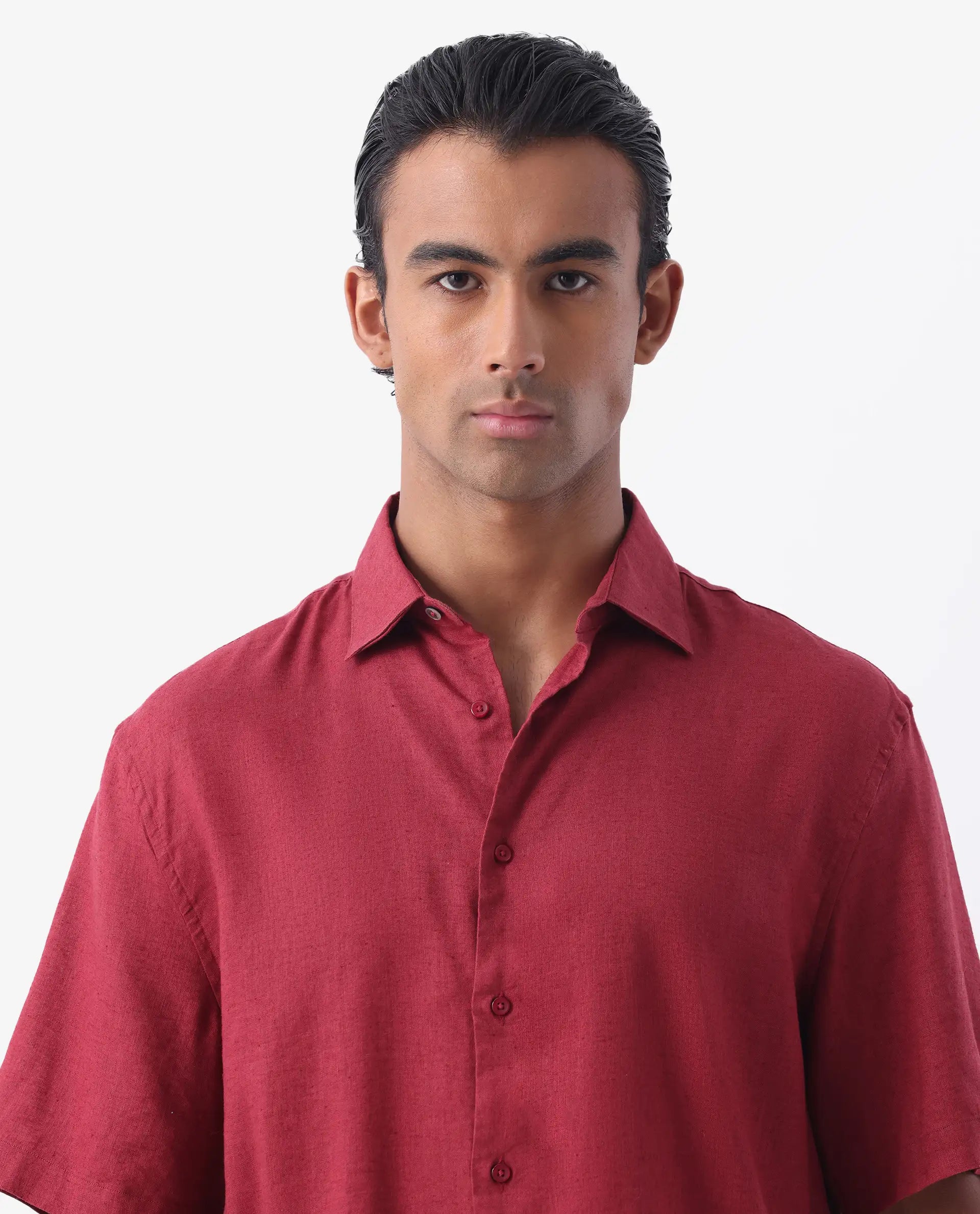 Rare Rabbit Men's Linex-1 Ss Red 100% Linen Plain Regular Fit Half Sleeve Collared Shirt