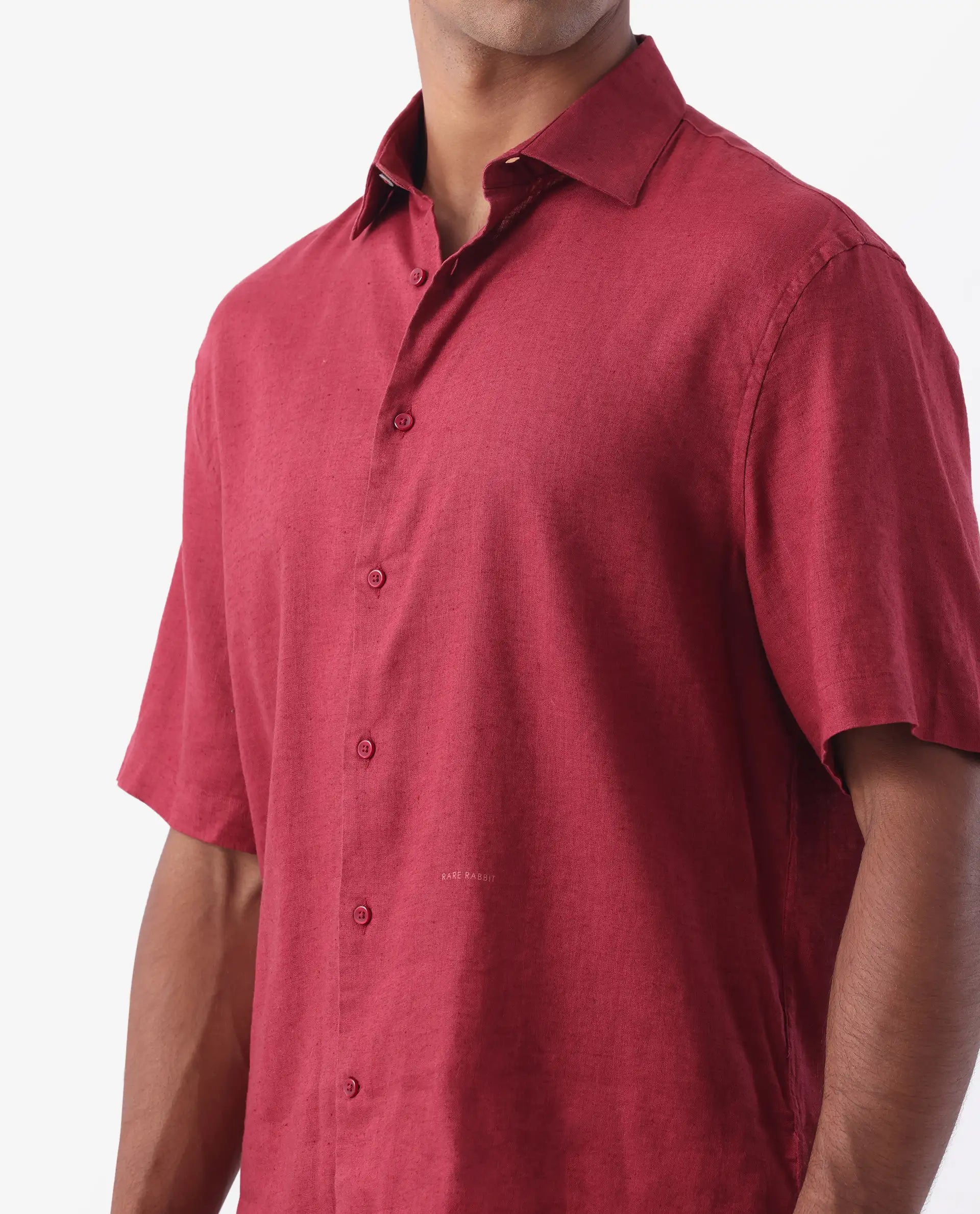 Rare Rabbit Men's Linex-1 Ss Red 100% Linen Plain Regular Fit Half Sleeve Collared Shirt