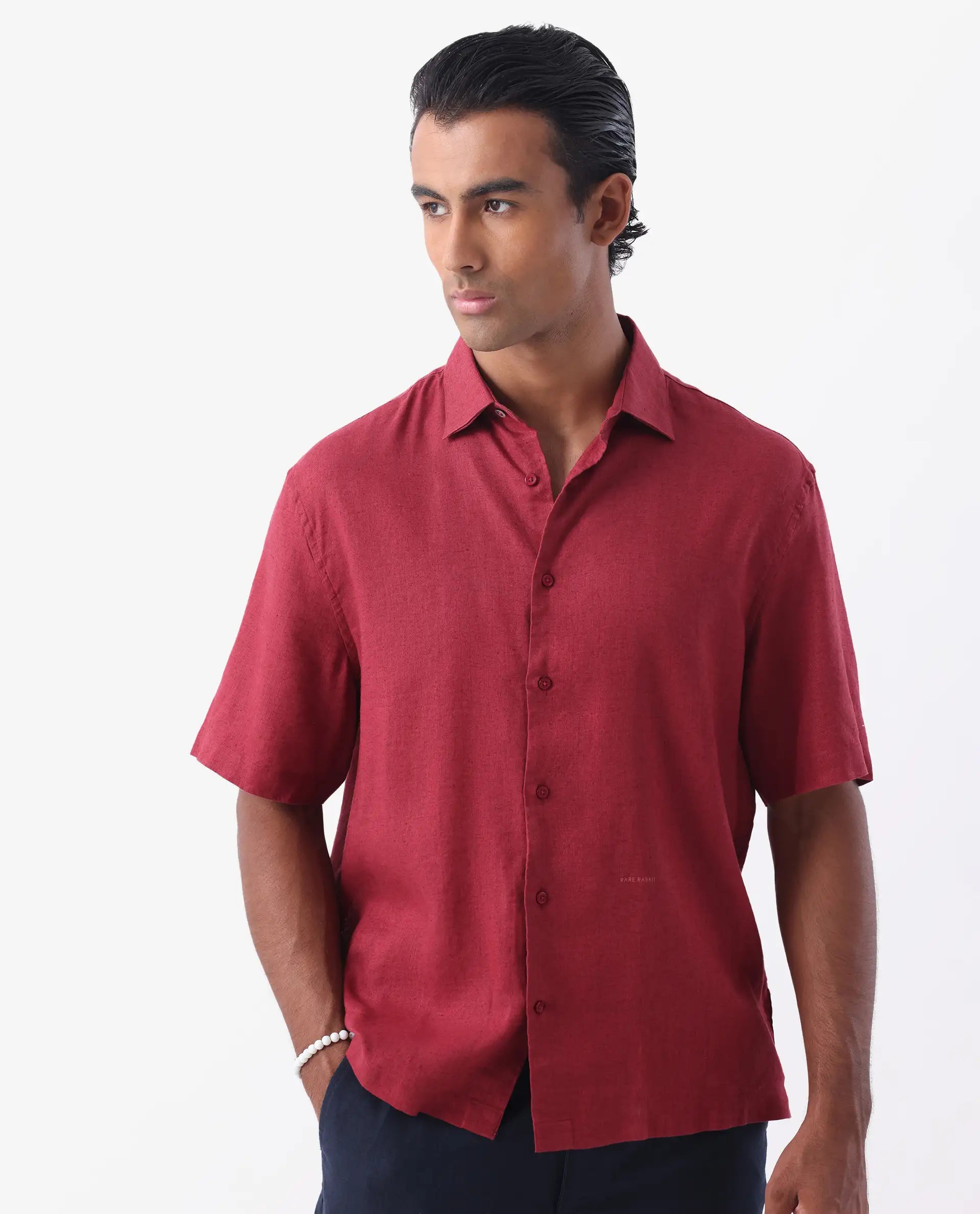 Rare Rabbit Men's Linex-1 Ss Red 100% Linen Plain Regular Fit Half Sleeve Collared Shirt