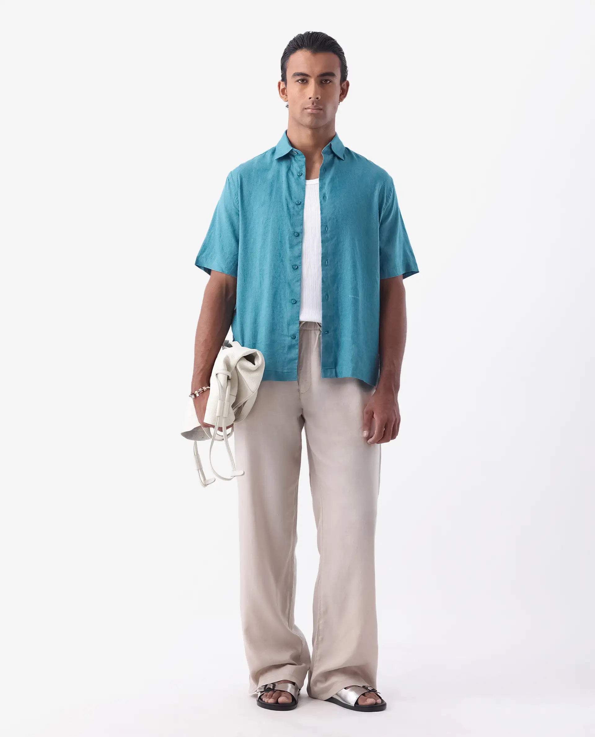 Rare Rabbit Men's Linex-1 Ss Turq 100% Linen Plain Regular Fit Half Sleeve Collared Shirt