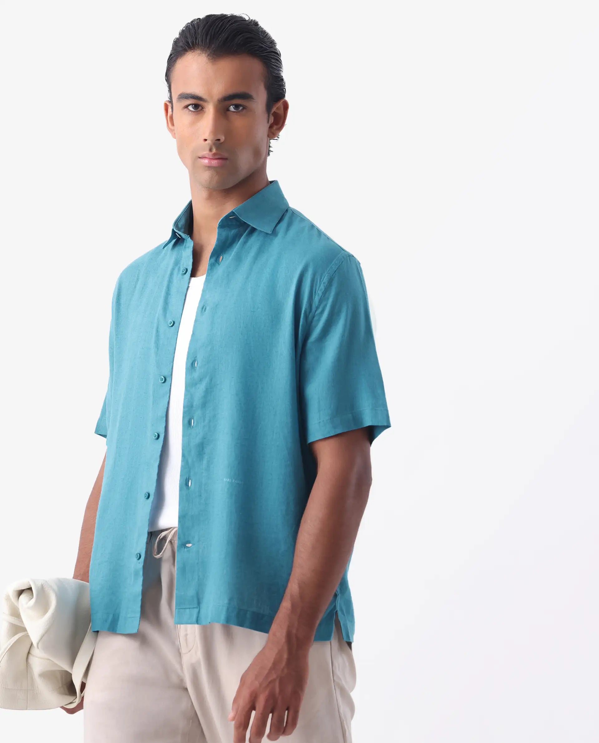 Rare Rabbit Men's Linex-1 Ss Turq 100% Linen Plain Regular Fit Half Sleeve Collared Shirt