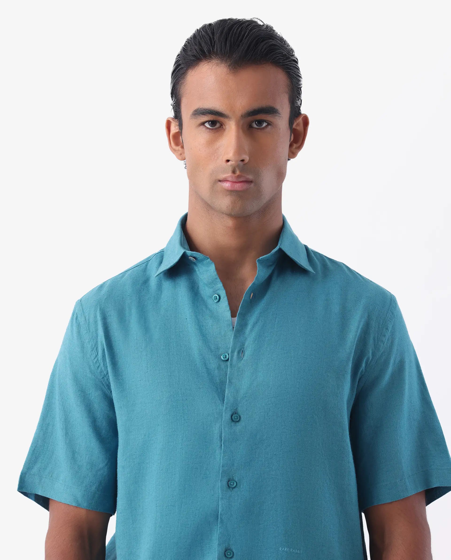 Rare Rabbit Men's Linex-1 Ss Turq 100% Linen Plain Regular Fit Half Sleeve Collared Shirt