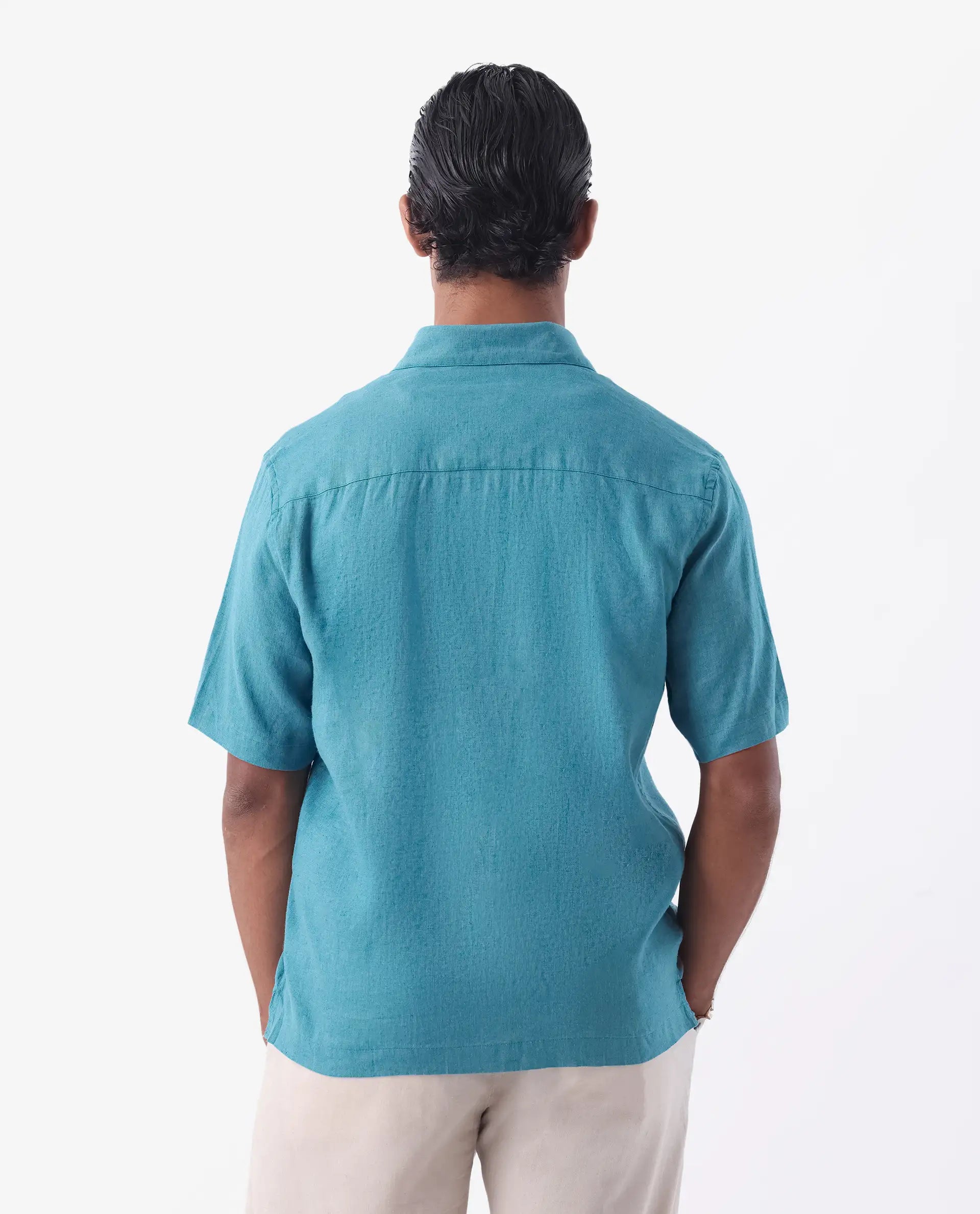 Rare Rabbit Men's Linex-1 Ss Turq 100% Linen Plain Regular Fit Half Sleeve Collared Shirt