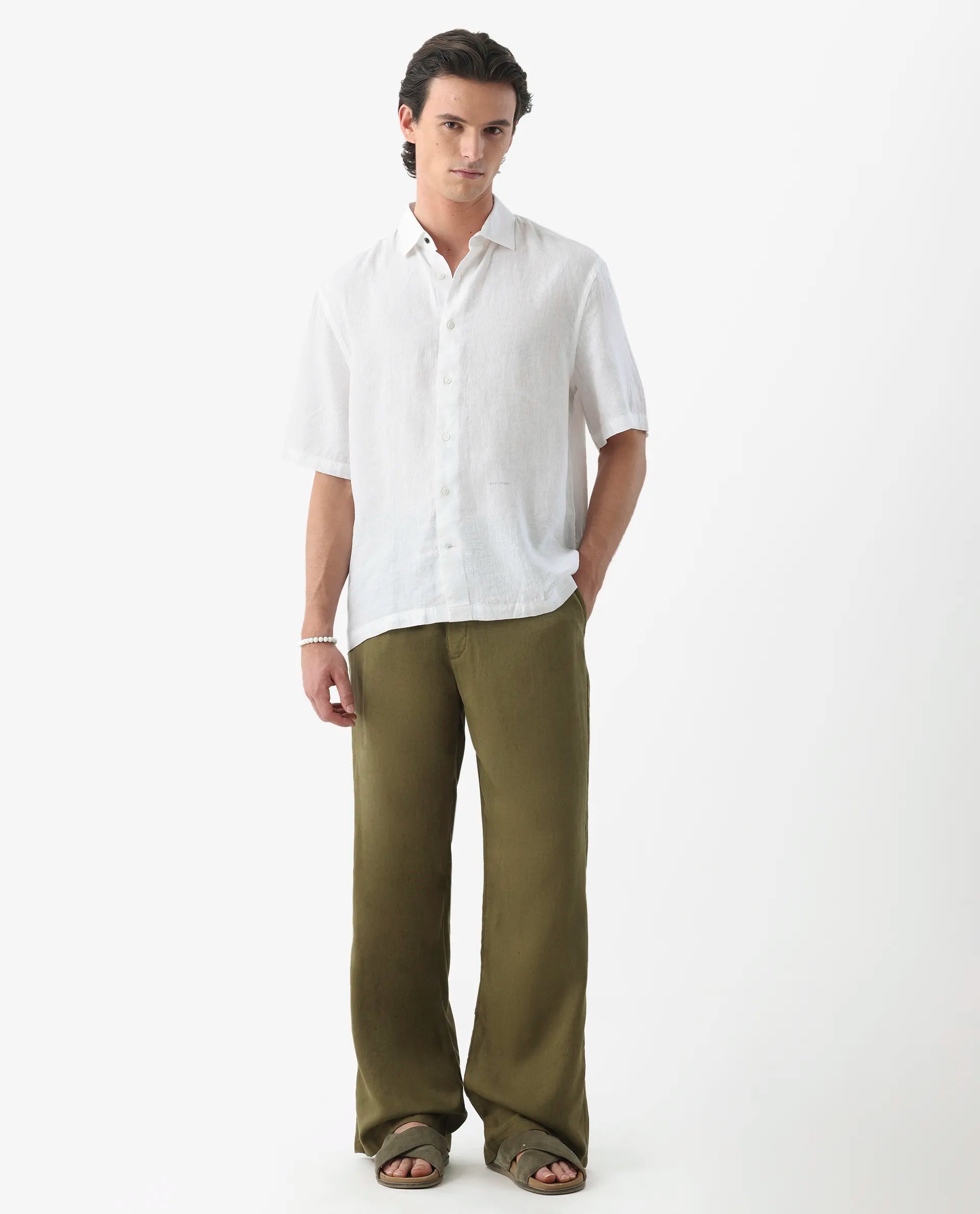 Rare Rabbit Men's Linex-1 Ss White 100% Linen Plain Regular Fit Half Sleeve Collared Shirt