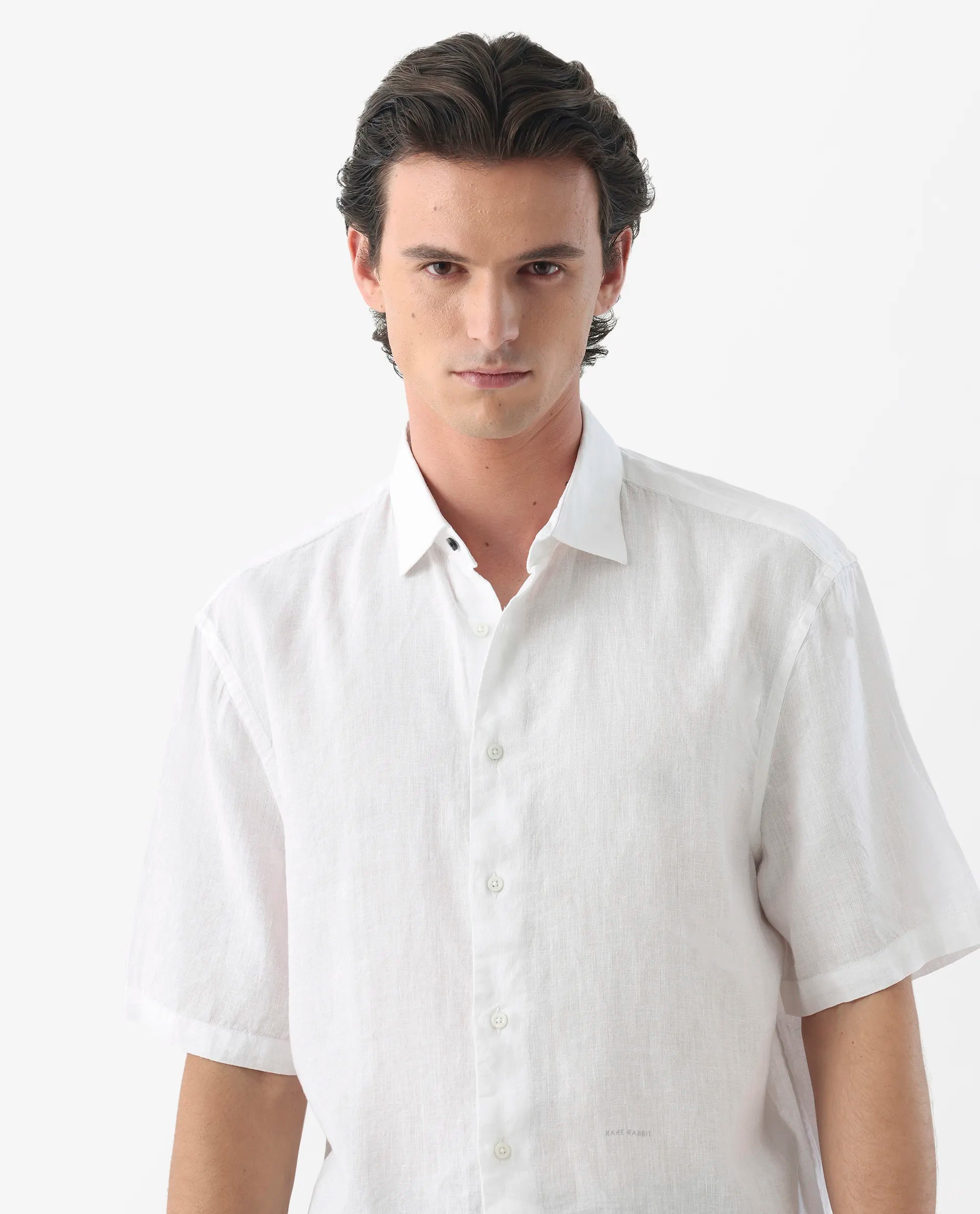 Rare Rabbit Men's Linex-1 Ss White 100% Linen Plain Regular Fit Half Sleeve Collared Shirt