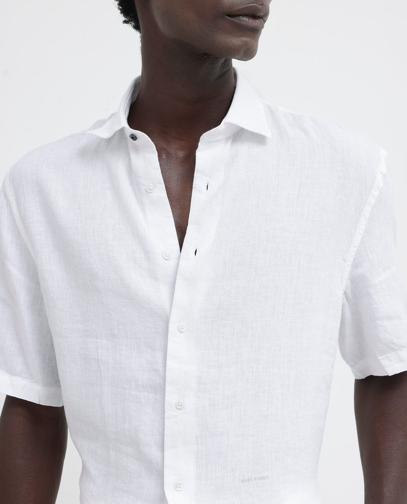 Rare Rabbit Men's Linex-1 SS White Linen Excel Fabric Half Sleeves Boxy Fit Solid Shirt