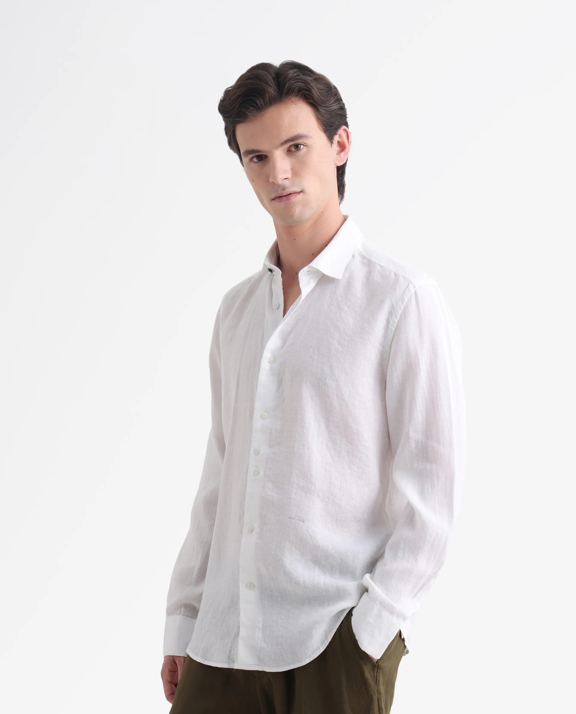 Rare Rabbit Men's Linex-1 White Linen Plain Regular Fit Full Sleeve Collared Shirt