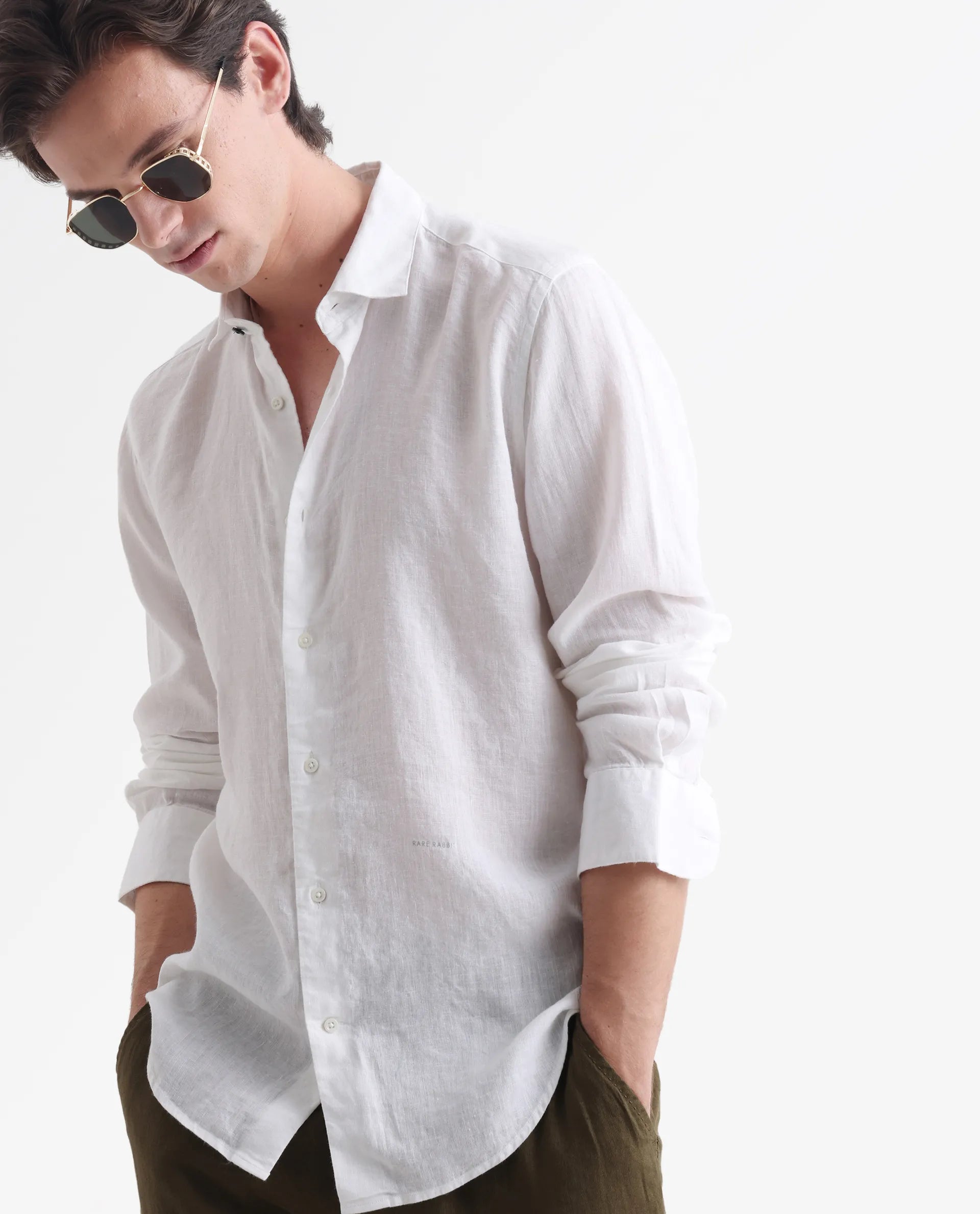 Rare Rabbit Men's Linex-1 White Linen Plain Regular Fit Full Sleeve Collared Shirt