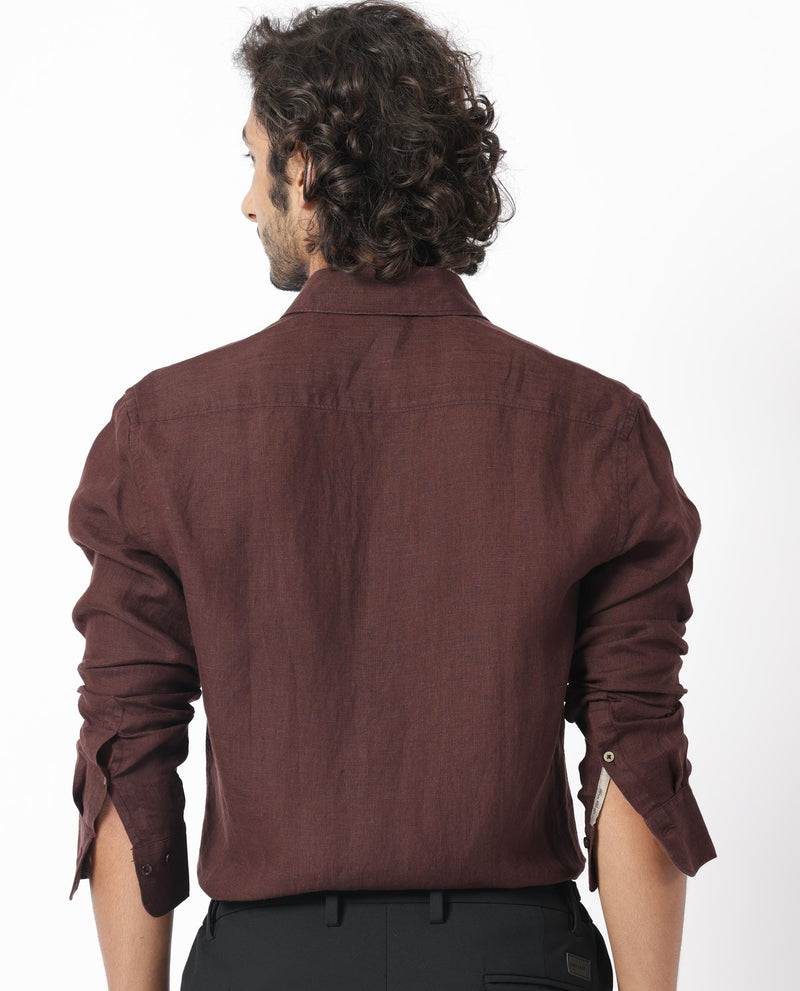 Rare Rabbit Men's Linex Dark Brown Linen Fabric Full Sleeves Solid Shirt