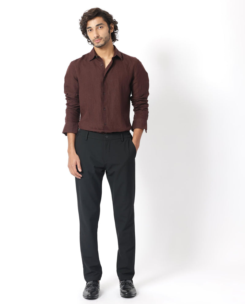 Rare Rabbit Men's Linex Dark Brown Linen Fabric Full Sleeves Solid Shirt