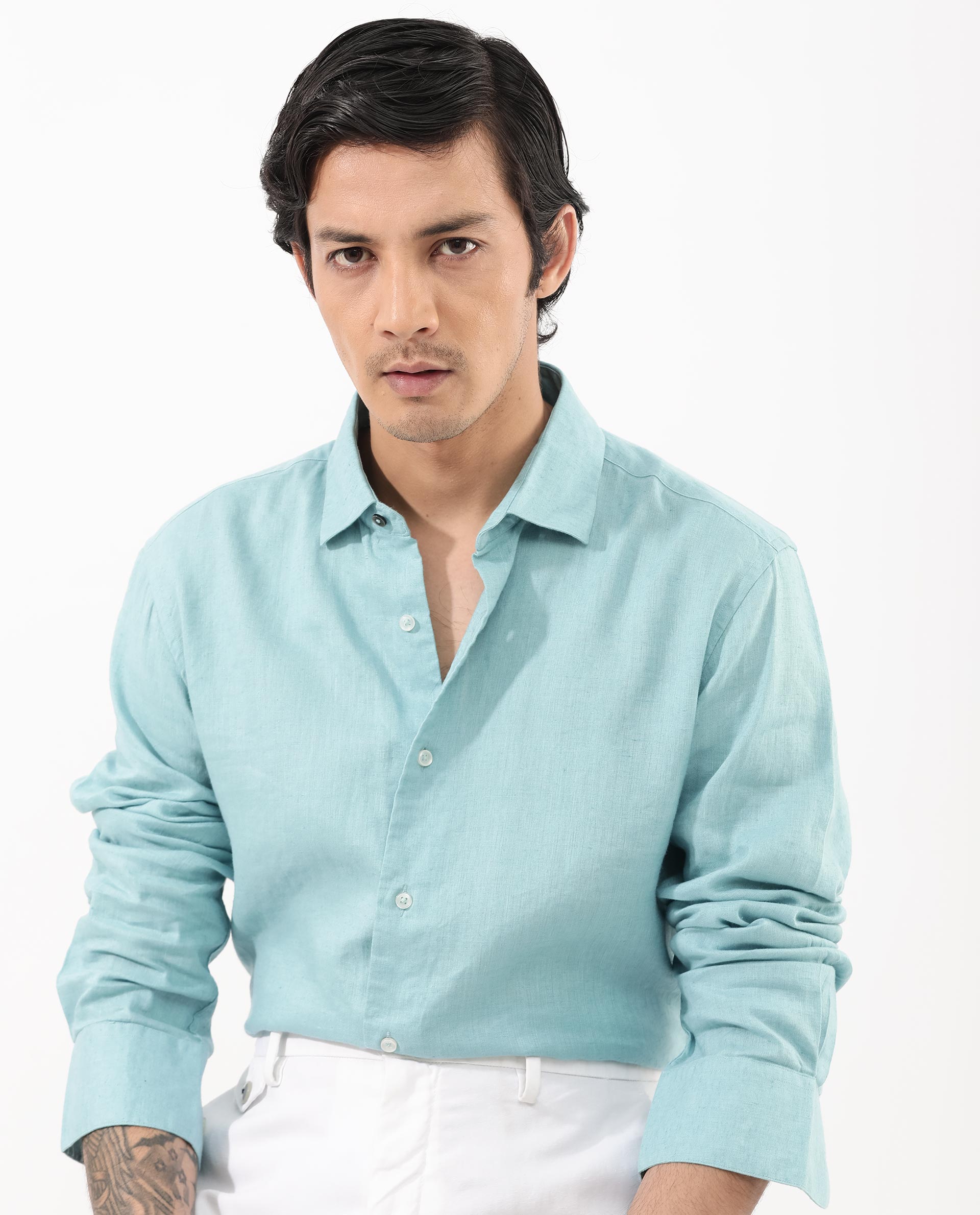 Rare Rabbit Men's Linex-1 Flouroscent Blue Linen Excel Fabric Full Sleeves Regular Fit Solid Shirt