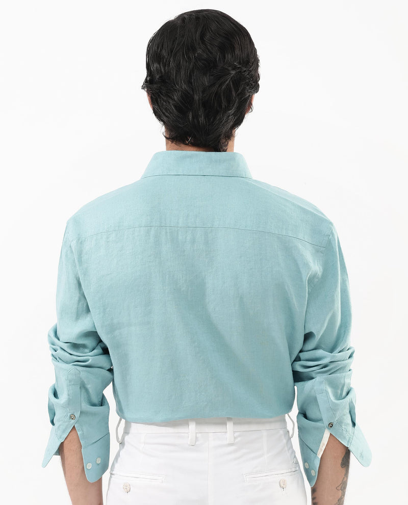 Rare Rabbit Men's Linex-1 Flouroscent Blue Linen Excel Fabric Full Sleeves Regular Fit Solid Shirt