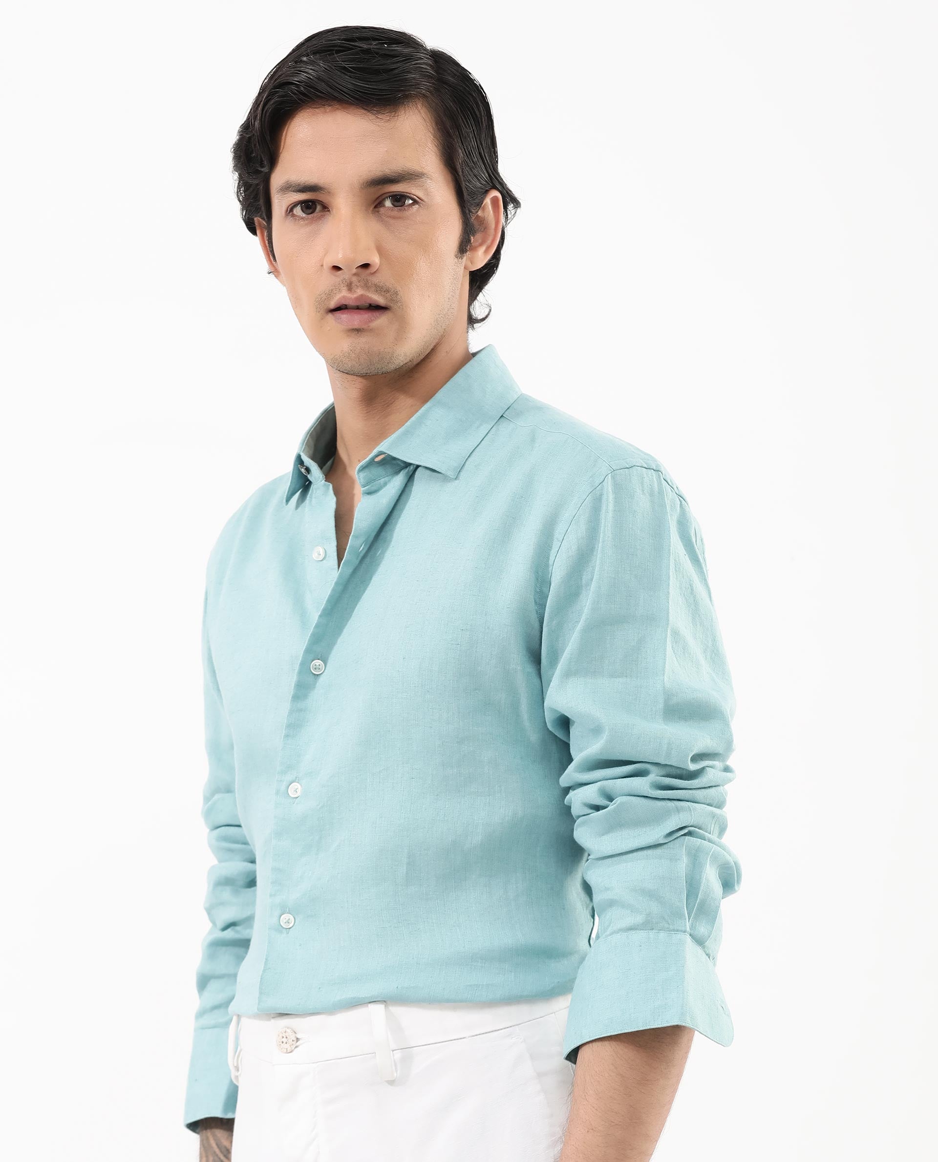 Rare Rabbit Men's Linex-1 Flouroscent Blue Linen Excel Fabric Full Sleeves Regular Fit Solid Shirt