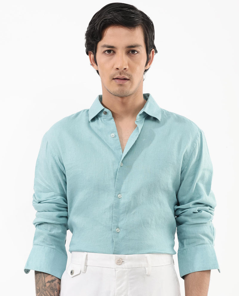 Rare Rabbit Men's Linex-1 Flouroscent Blue Linen Excel Fabric Full Sleeves Regular Fit Solid Shirt