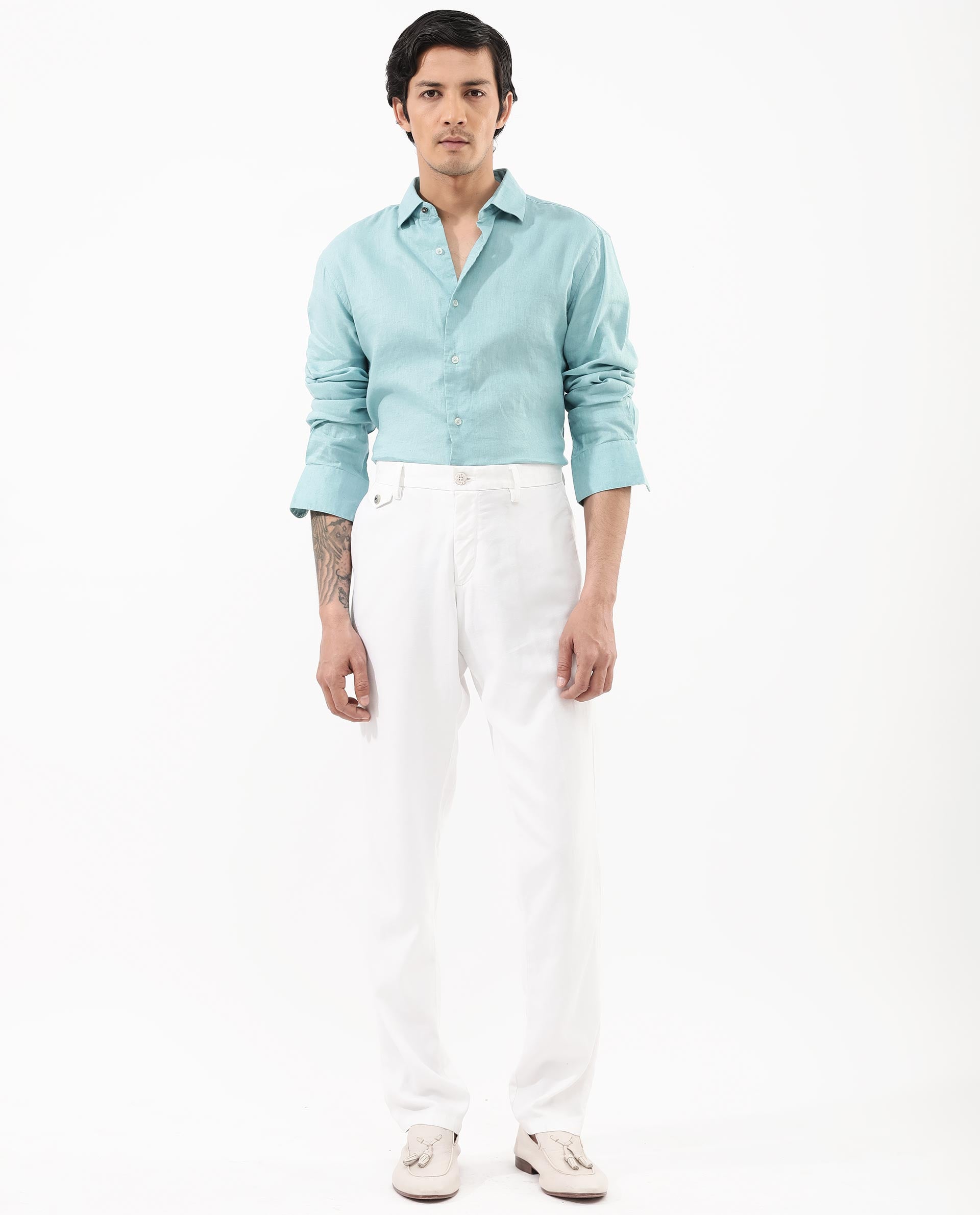 Rare Rabbit Men's Linex-1 Flouroscent Blue Linen Excel Fabric Full Sleeves Regular Fit Solid Shirt