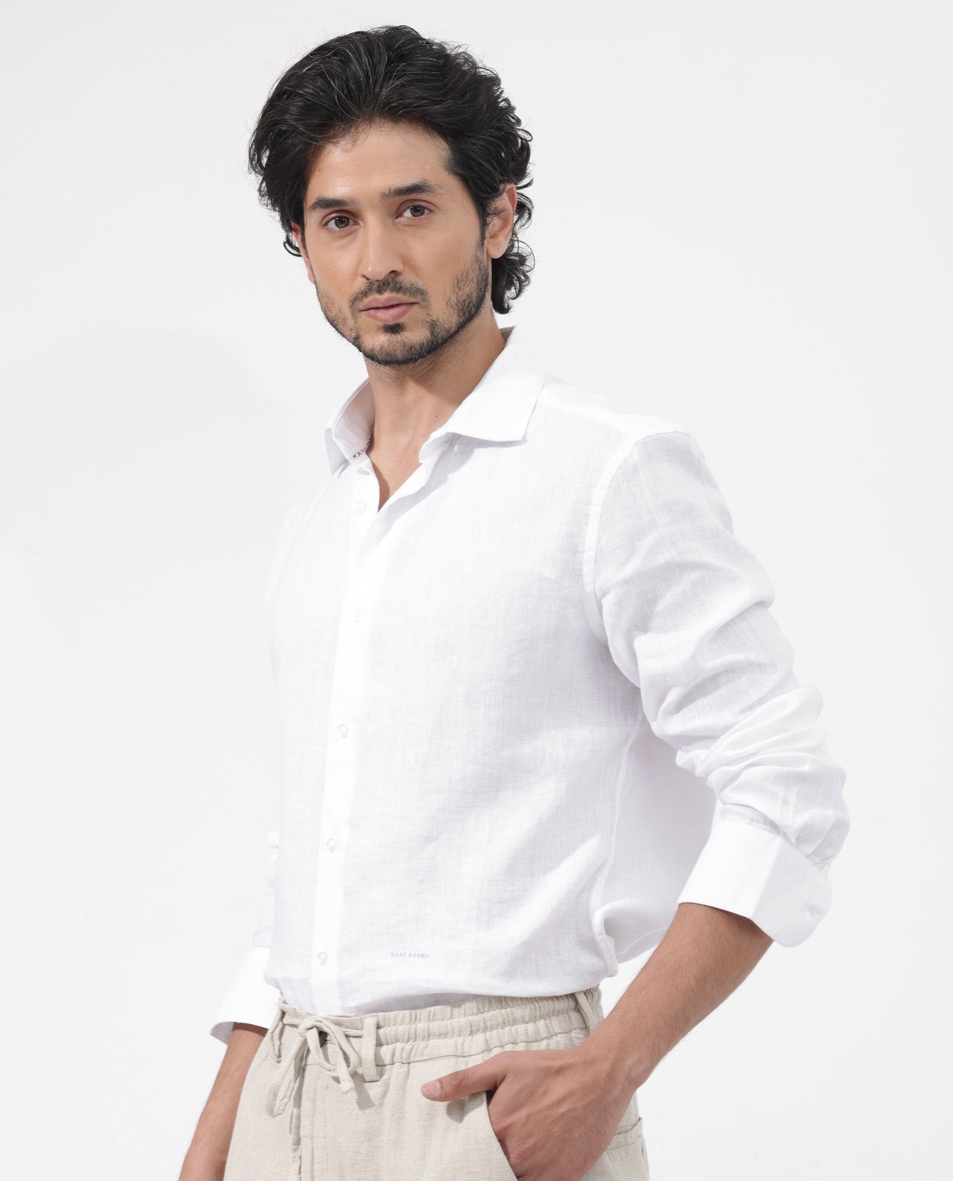 Rare Rabbit Mens Linex1 White Linen Fabric Regular Collar Full Sleeve