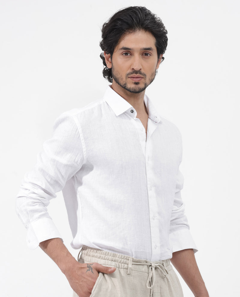 Rare Rabbit Mens Linex-1 White Linen Fabric Regular Collar Full Sleeve Regular Fit Solid Shirt