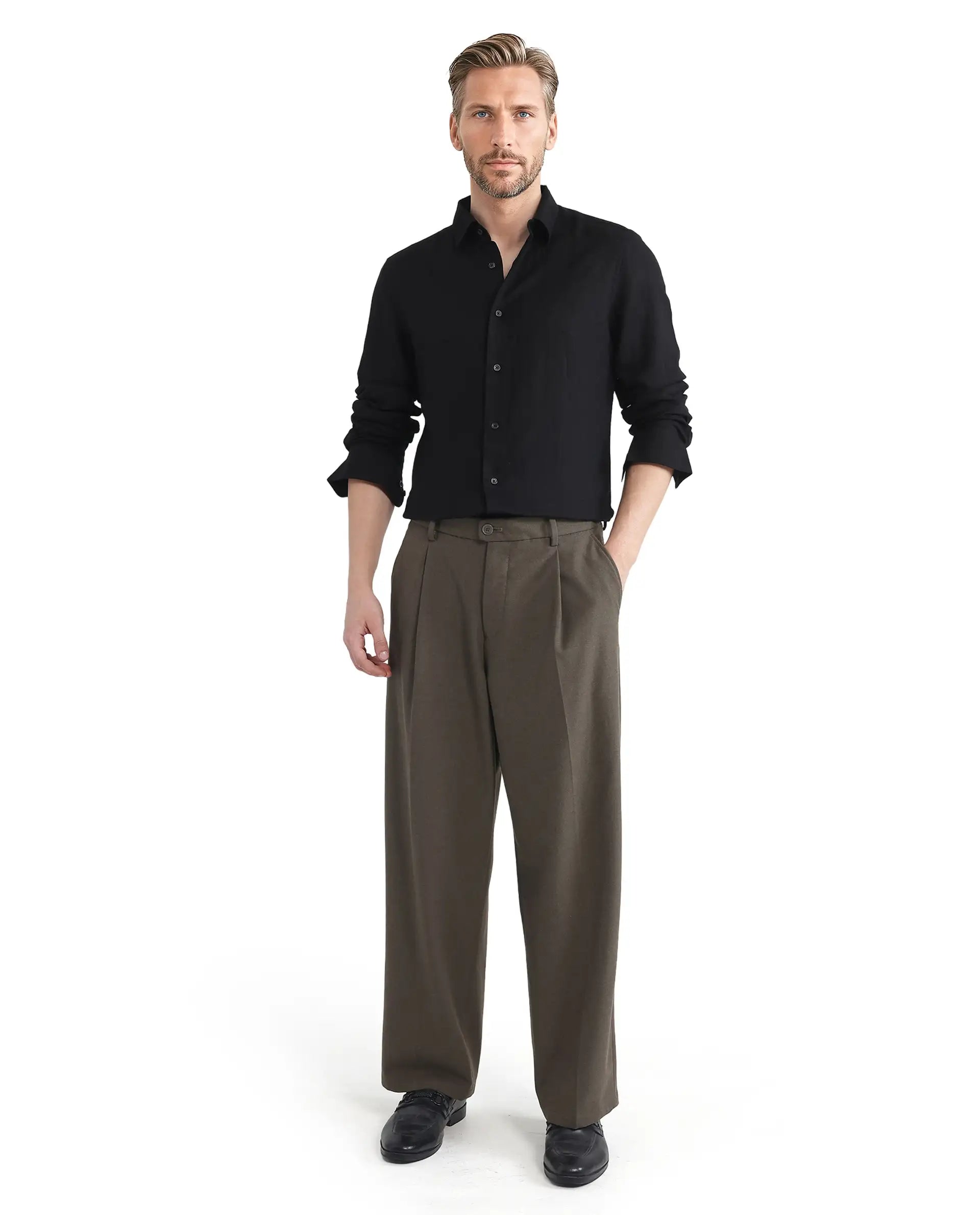 Rare Rabbit Men Linex Ls-25 Black Linen Lyocell Fabric Full Sleeve Regular Collared Button Closure Regular Fit Plain Shirt