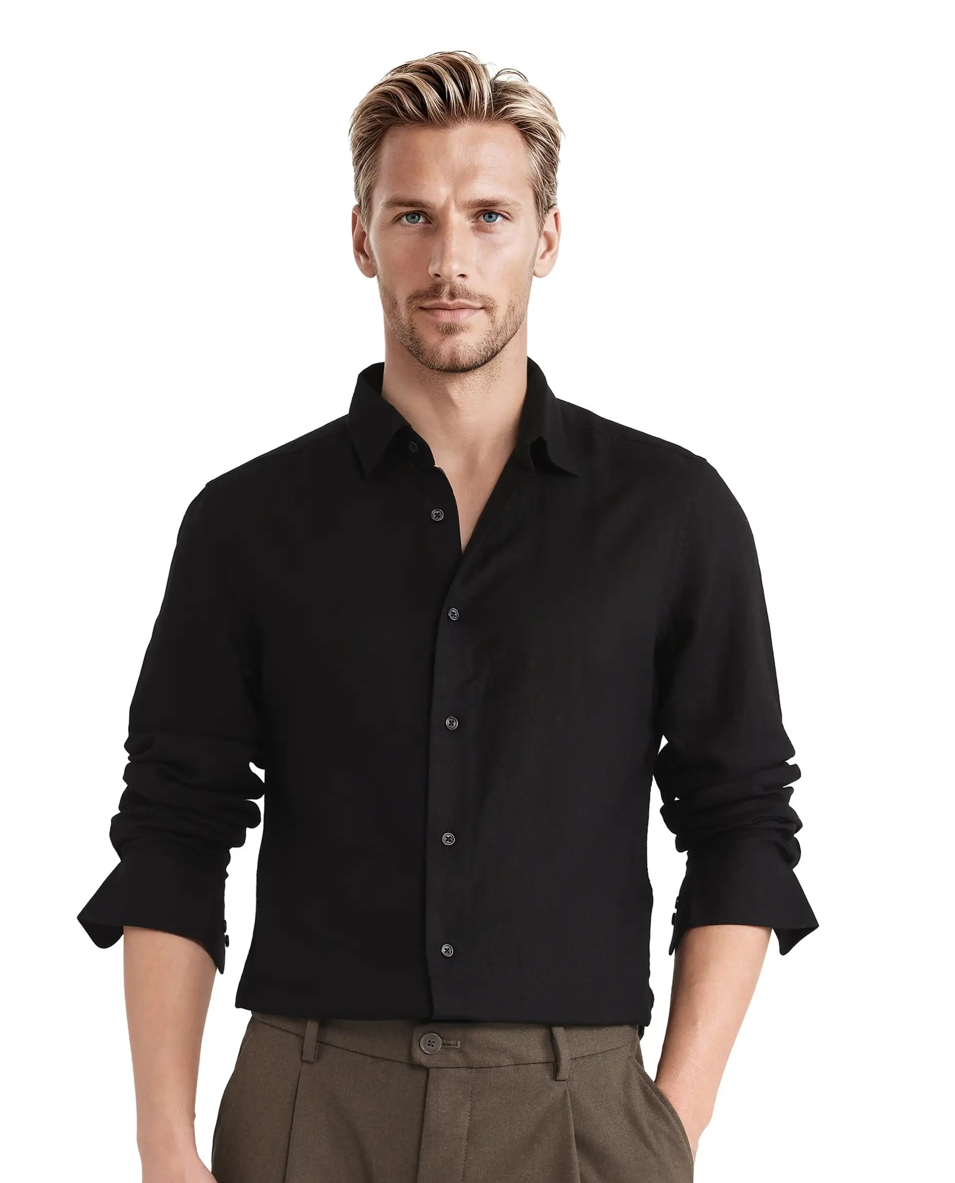Rare Rabbit Men Linex Ls-25 Black Linen Lyocell Fabric Full Sleeve Regular Collared Button Closure Regular Fit Plain Shirt