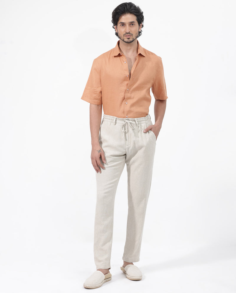 Rare Rabbit Mens Linex-1 SS Dusky Orange Linen Excel Fabric Regular Fabric Short Sleeve Boxy Fit Solid Shirt