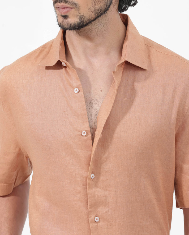 Rare Rabbit Mens Linex-1 SS Dusky Orange Linen Excel Fabric Regular Fabric Short Sleeve Boxy Fit Solid Shirt