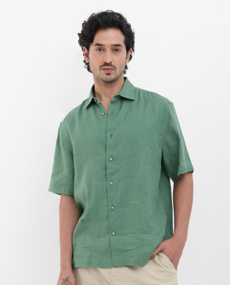 Rare Rabbit Mens Linex-1 SS Light Green Linen Excel Fabric Regular Fabric Short Sleeve Boxy Fit Solid Shirt