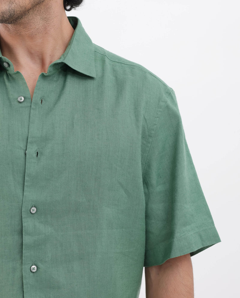 Rare Rabbit Mens Linex-1 SS Light Green Linen Excel Fabric Regular Fabric Short Sleeve Boxy Fit Solid Shirt