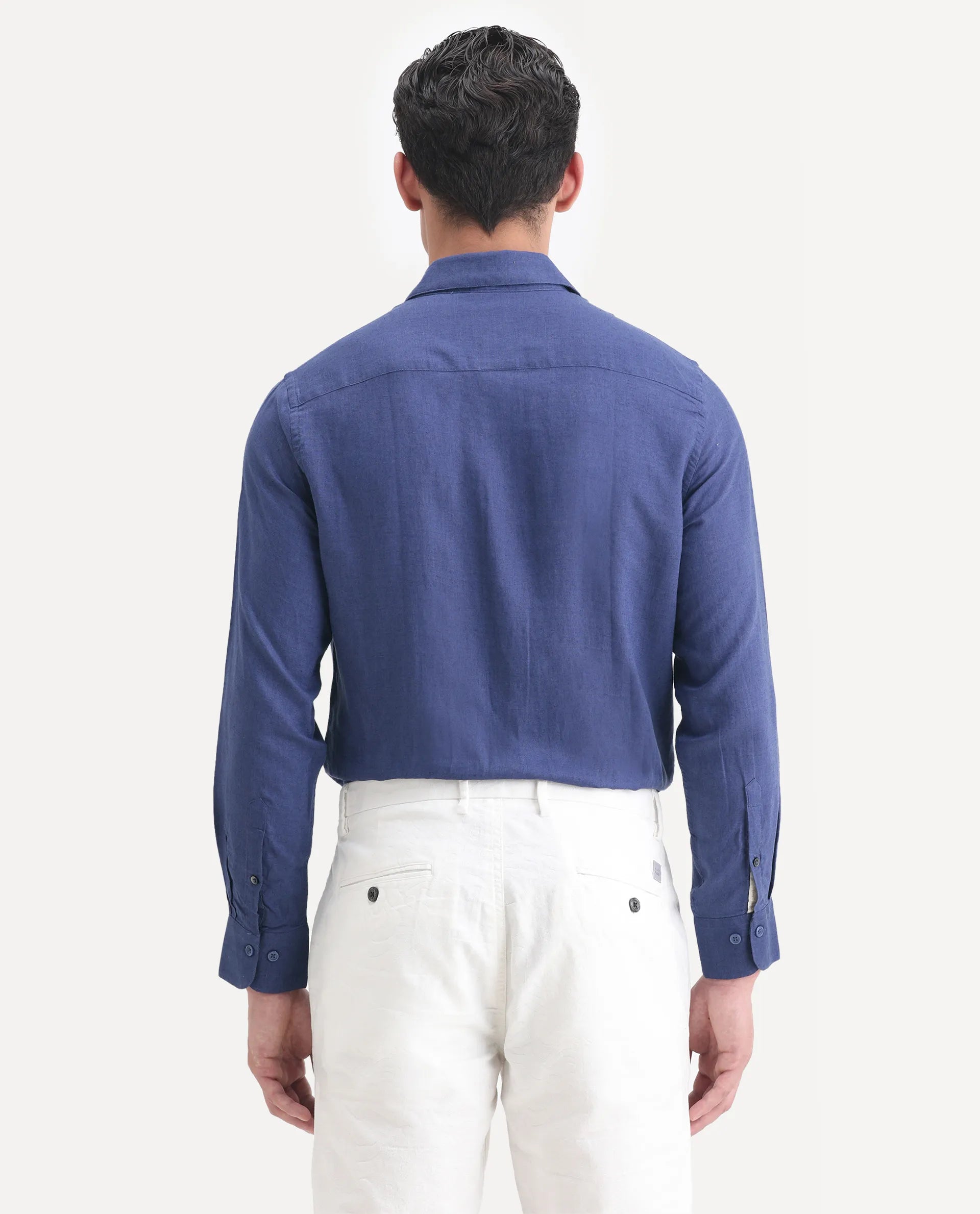 Rare Rabbit Men's Linex Ls-25 Blue Linen Blend Plain Regular Fit Full Sleeve Collared Shirt