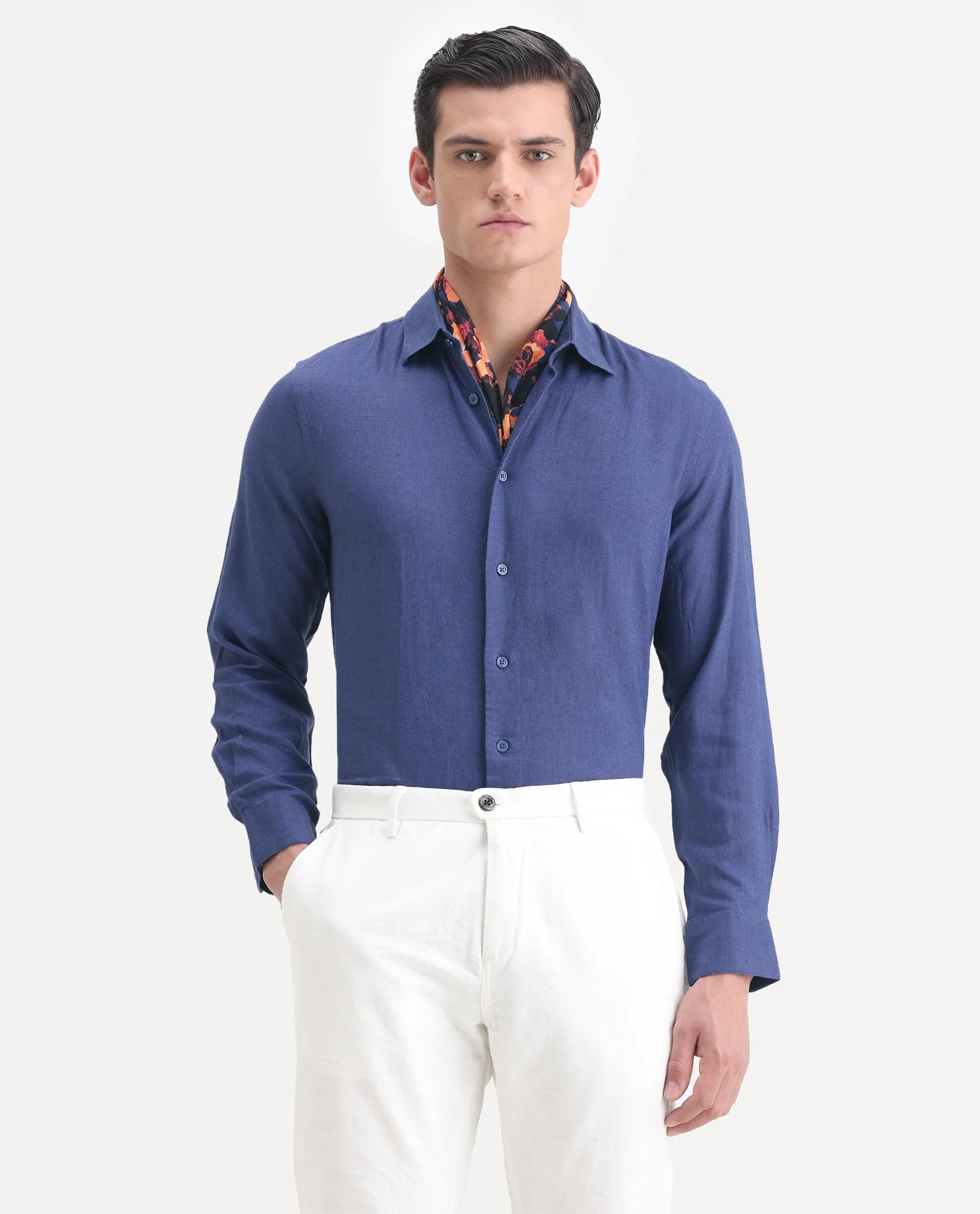 Rare Rabbit Men's Linex Ls-25 Blue Linen Blend Plain Regular Fit Full Sleeve Collared Shirt