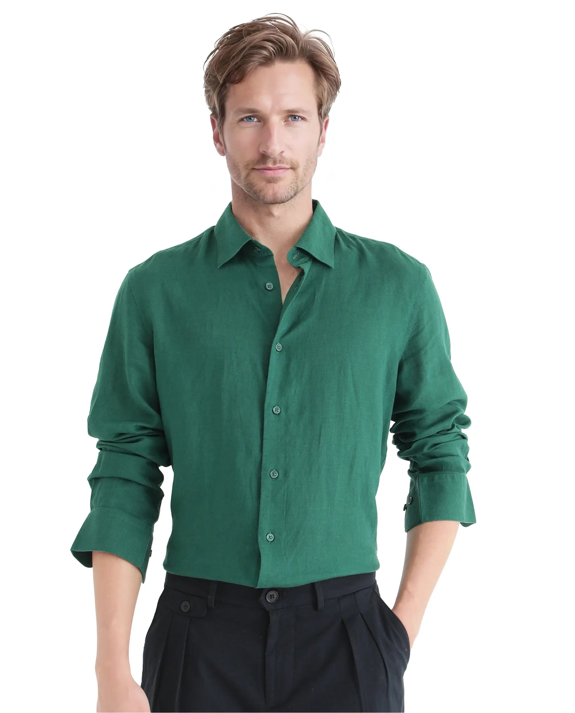 Rare Rabbit Men Linex Ls-25 Green Linen Lyocell Fabric Full Sleeve Regular Collared Button Closure Regular Fit Plain Shirt