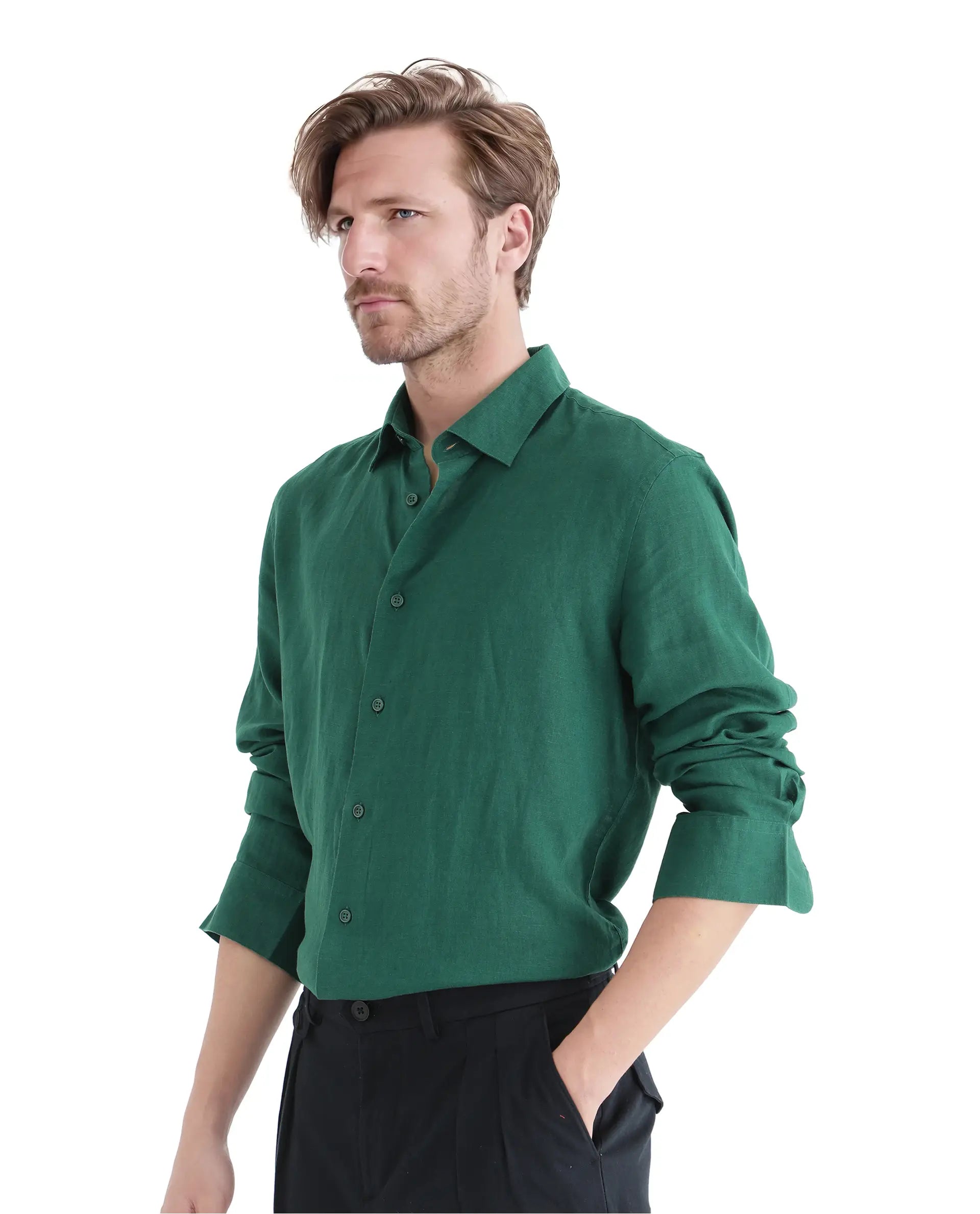Rare Rabbit Men Linex Ls-25 Green Linen Lyocell Fabric Full Sleeve Regular Collared Button Closure Regular Fit Plain Shirt